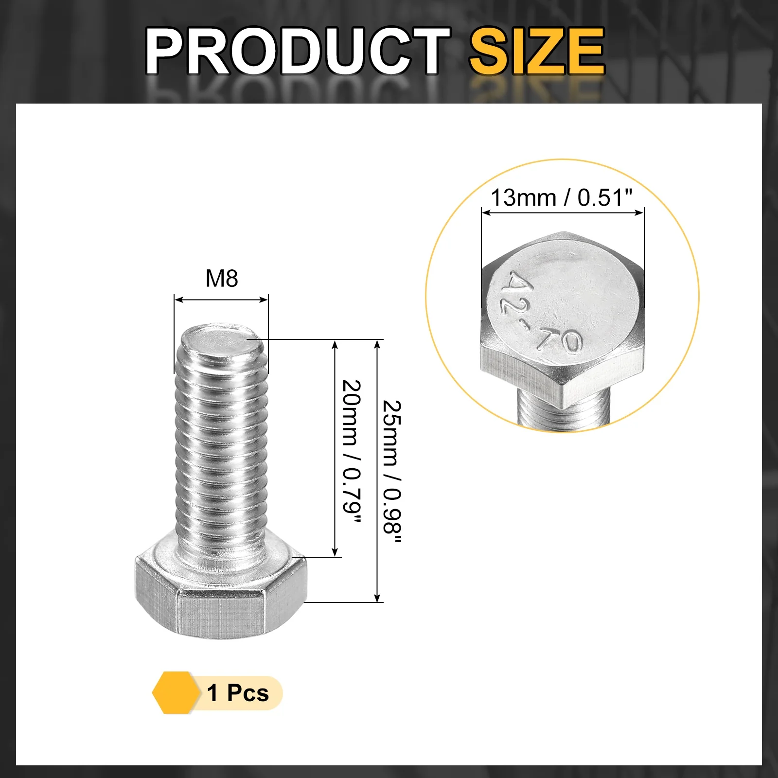 Uxcell M8-1.25 x 20mm Left Hand Hex Head Bolt, 304 Stainless Steel Reverse Fully Threaded Fastener Screws Bolts for Machinery, Automobiles and Construction - Image 2