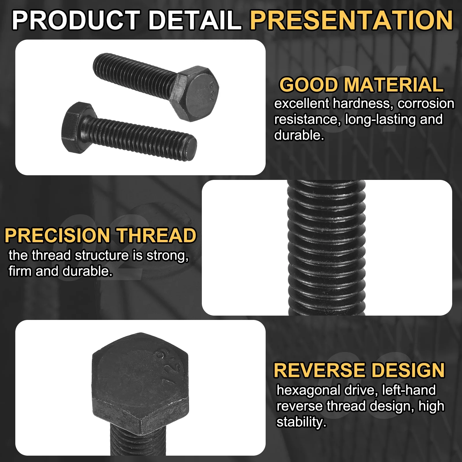 Uxcell 2Pcs M6-1 x 25mm Left Hand Hex Head Bolt, Black Oxide Carbon Steel Reverse - Image 3