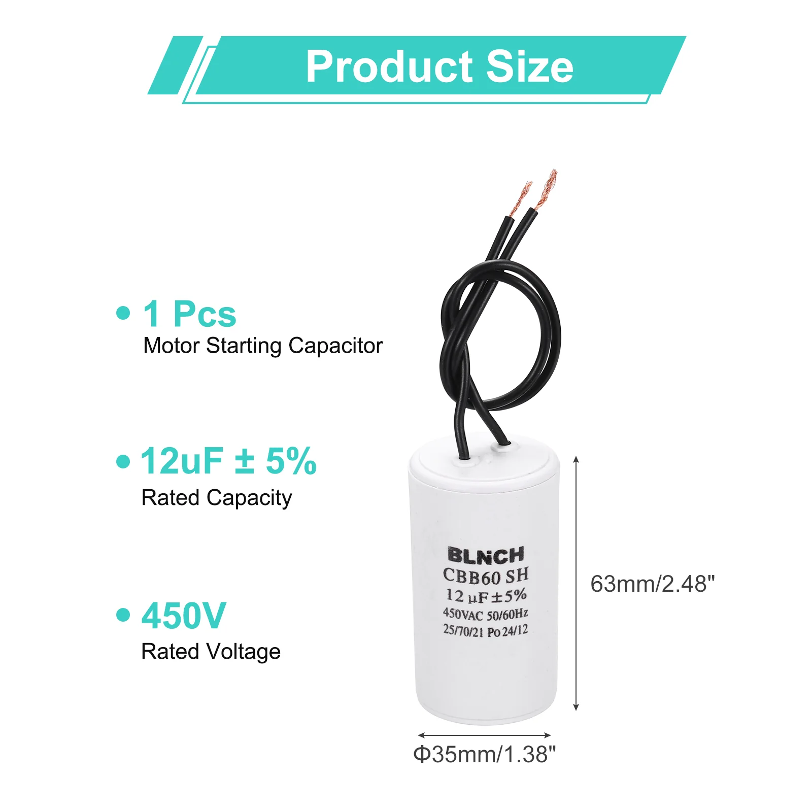CBB60 Capacitor, 12uF 450V 2 Wire Electric Motor Run Starting Capacitor - Image 2