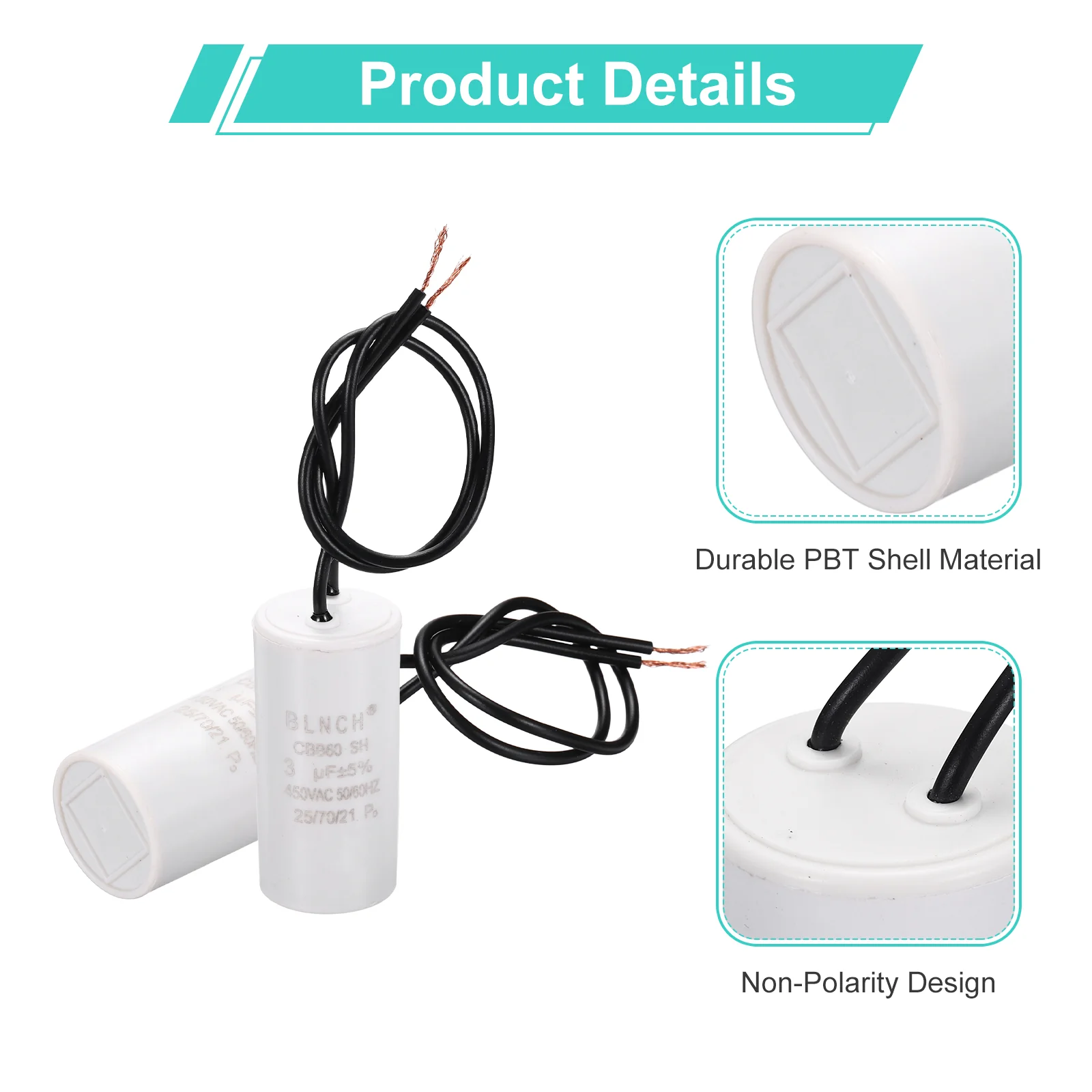 CBB60 Capacitor, 3uF 450V 2 Wire Electric Motor Run Starting Capacitor - Image 3