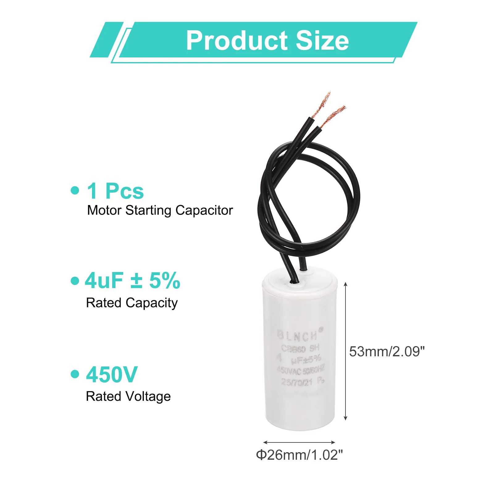 CBB60 Capacitor, 4uF 450V 2 Wire Electric Motor Run Starting Capacitor - Image 2