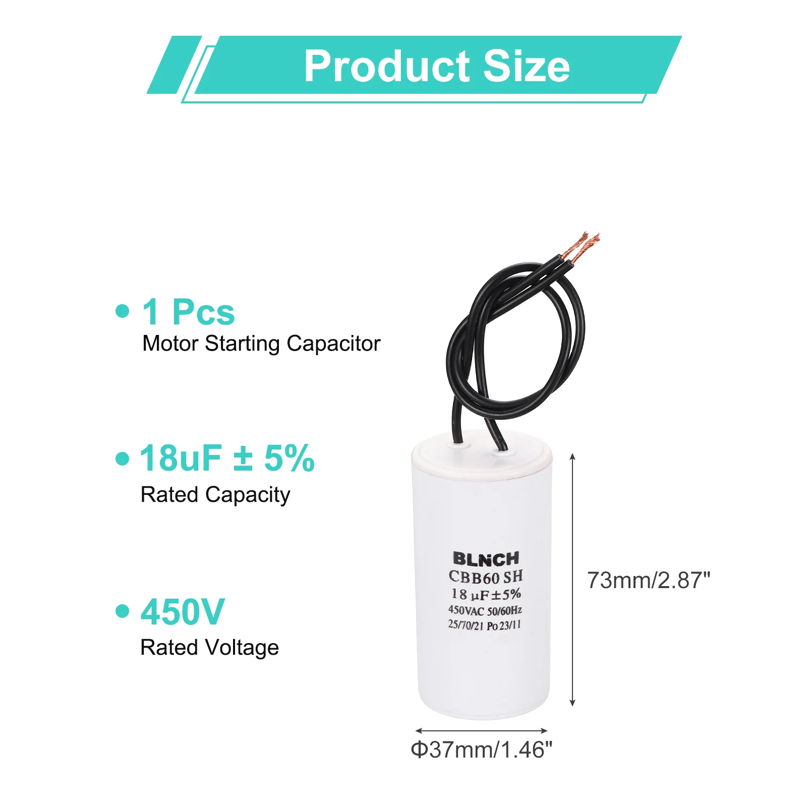 CBB60 Capacitor, 18uF 450V 2 Wire Electric Motor Run Starting Capacitor - Image 2