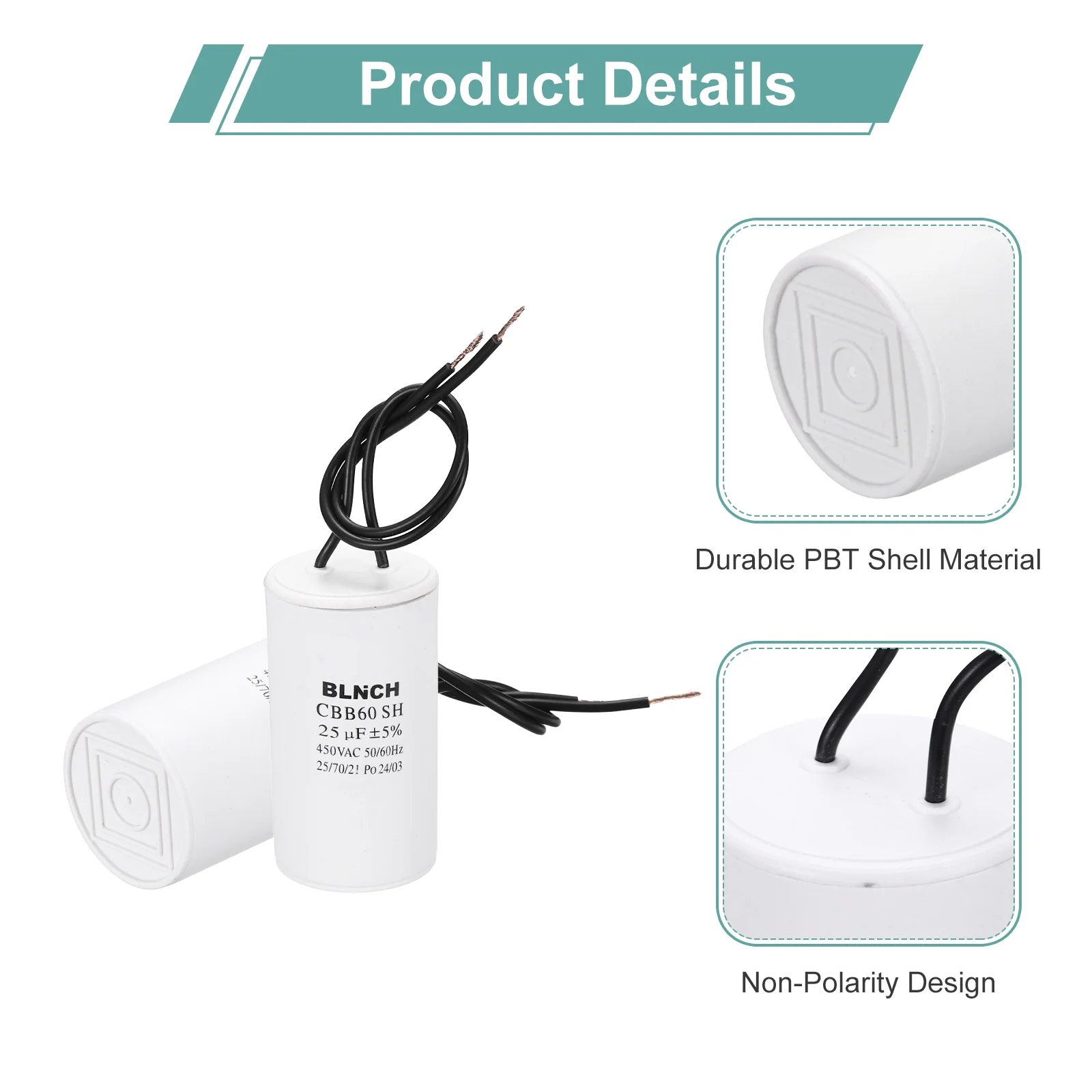 CBB60 Capacitor, 25uF 450V 2 Wire Electric Motor Run Starting Capacitor - Image 3