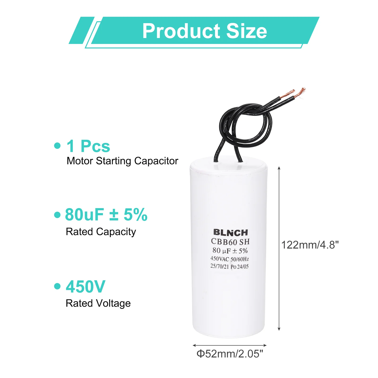 CBB60 Capacitor, 80uF 450V 2 Wire Electric Motor Run Starting Capacitor - Image 2