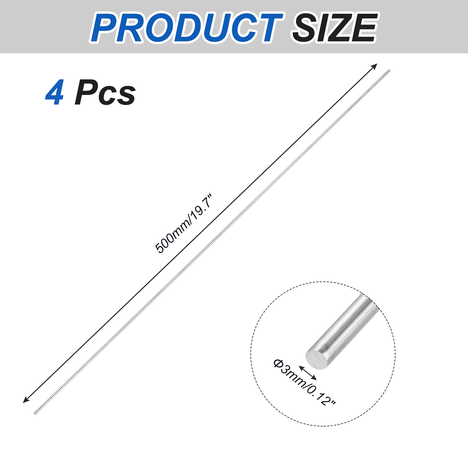 4Pcs 316 Stainless Steel Round Rod 3mm x 500mm Metal Solid Shaft Rods - Image 2