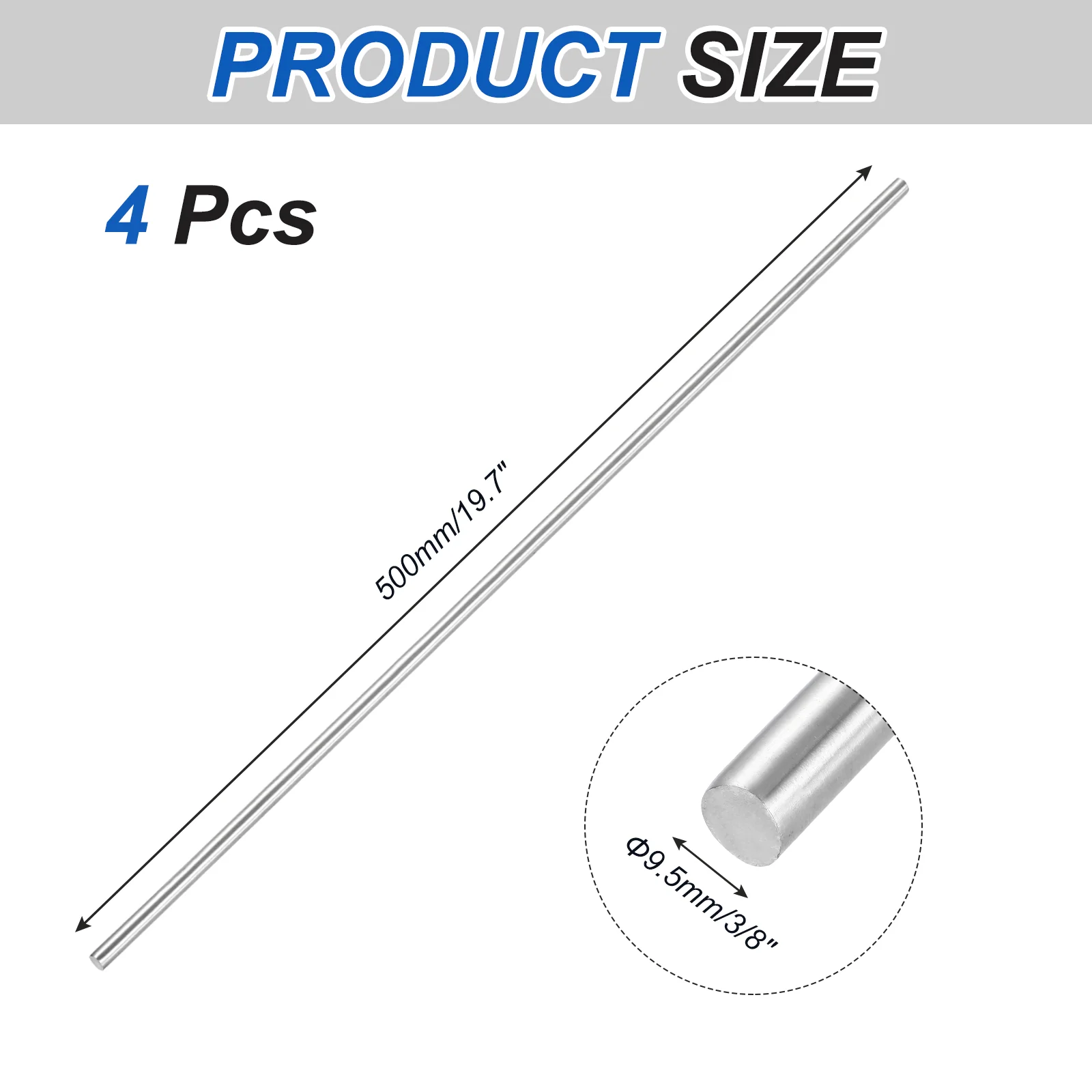 4Pcs 316 Stainless Steel Round Rod 9.5mm x 500mm Metal Solid Shaft Rods - Image 2
