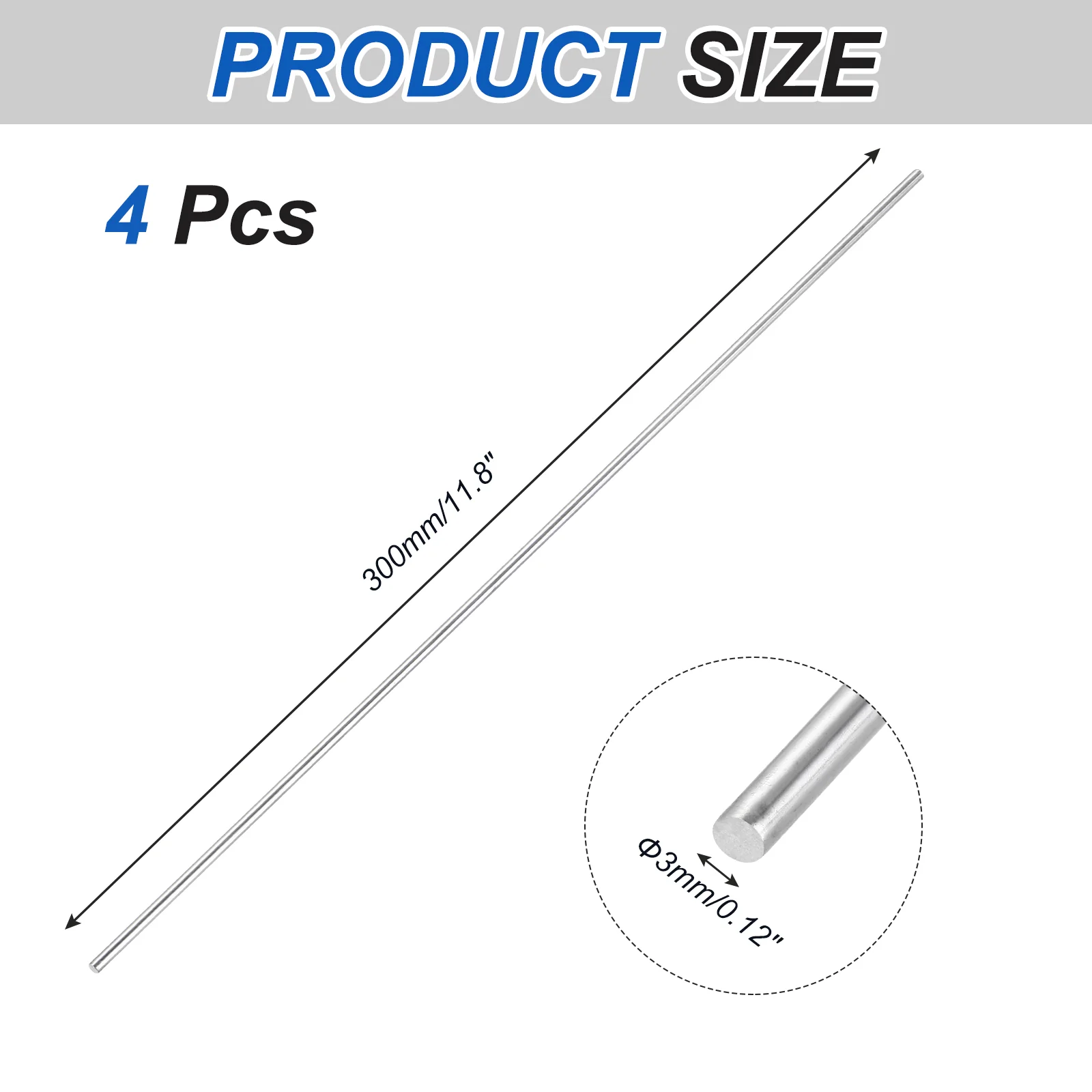 4Pcs 316 Stainless Steel Round Rod 3mm x 300mm Metal Solid Shaft Rods - Image 2