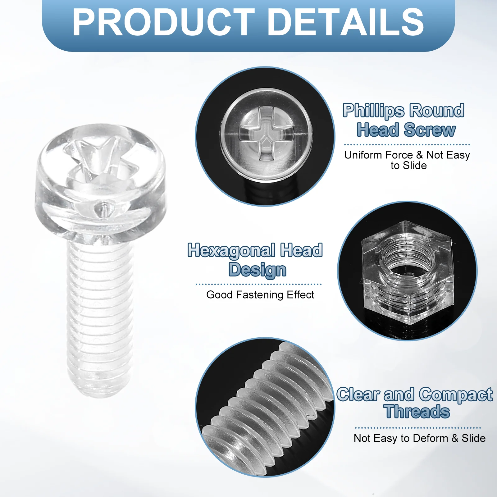 Uxcell 100Sets Clear Acrylic Screws and Nuts Kit, M3x10mm Phillips Bolts with Nuts - Image 4