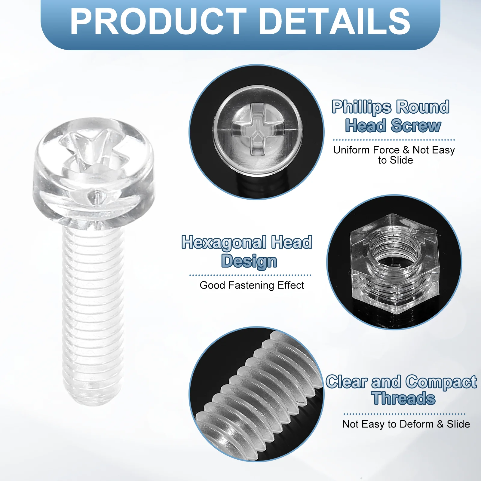 Uxcell 100Sets Clear Acrylic Screws and Nuts Kit, M3x12mm Phillips Bolts with Nuts - Image 4