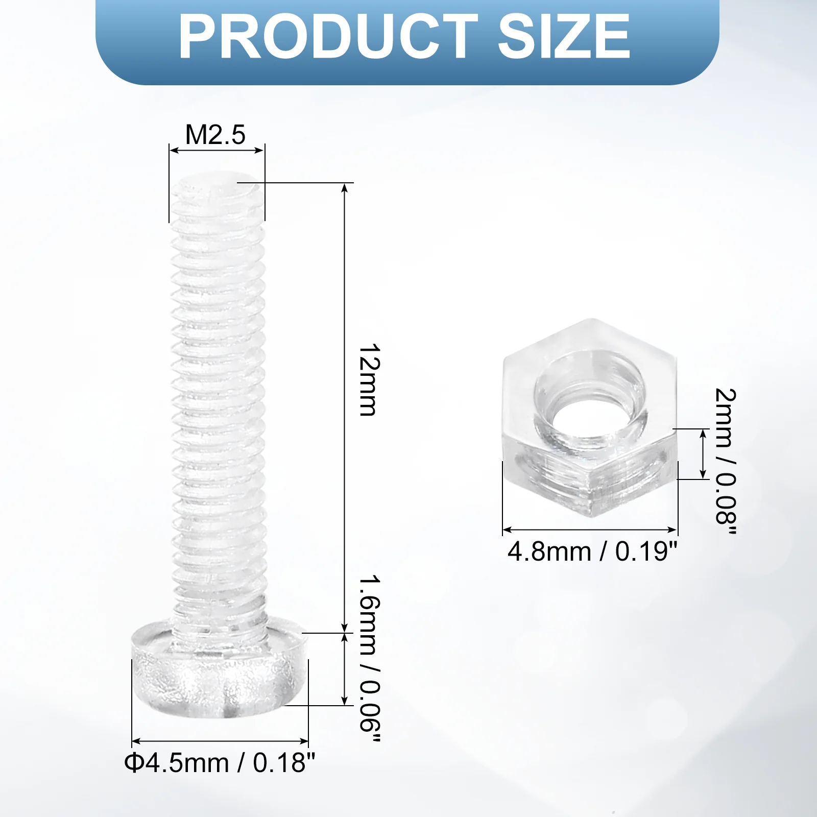 Uxcell 50Sets Clear Acrylic Screws and Nuts Kit, M2.5x12mm Phillips Bolts with Nuts - Image 2