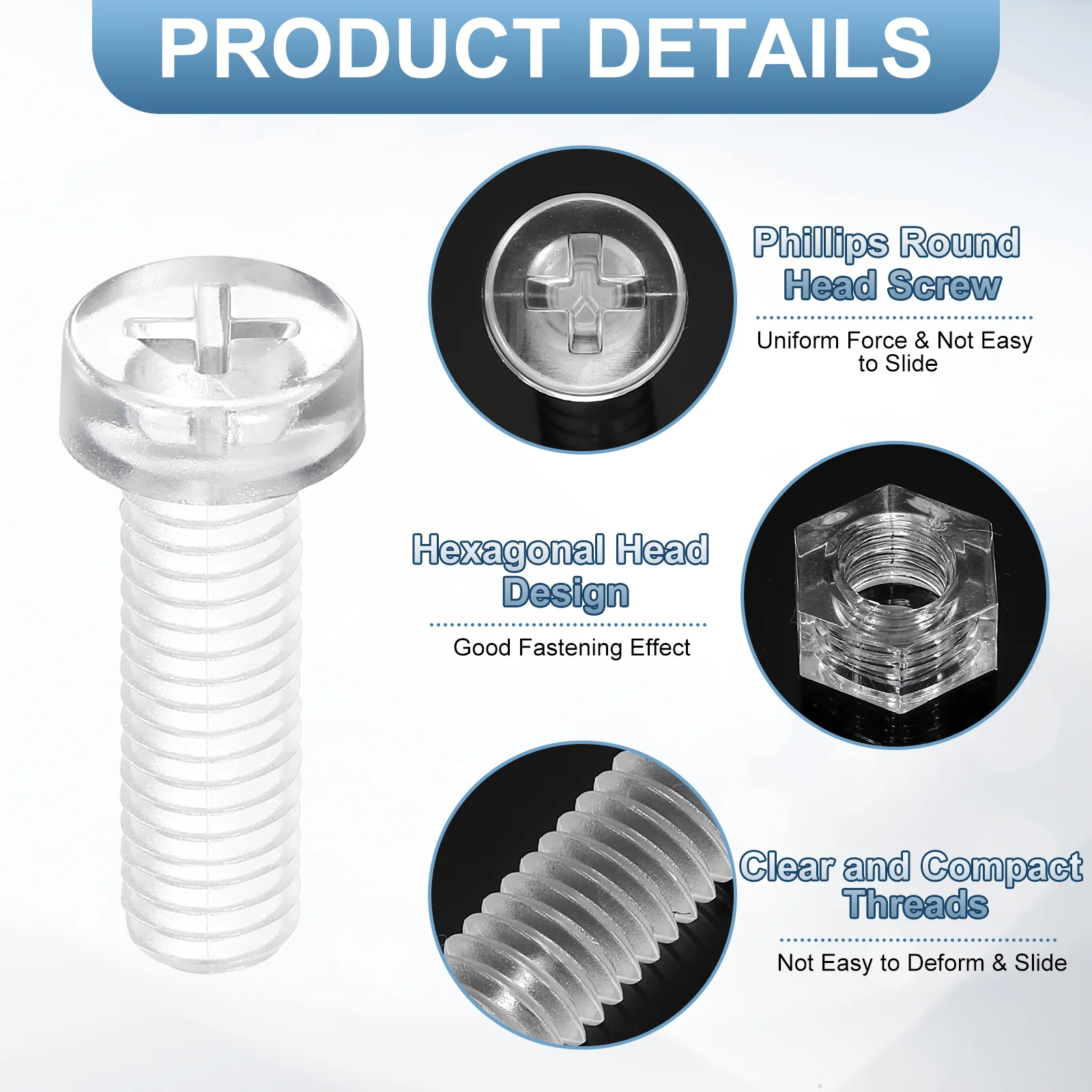 Uxcell 50Sets Clear Acrylic Screws and Nuts Kit, M6x20mm Phillips Bolts with Nuts - Image 4