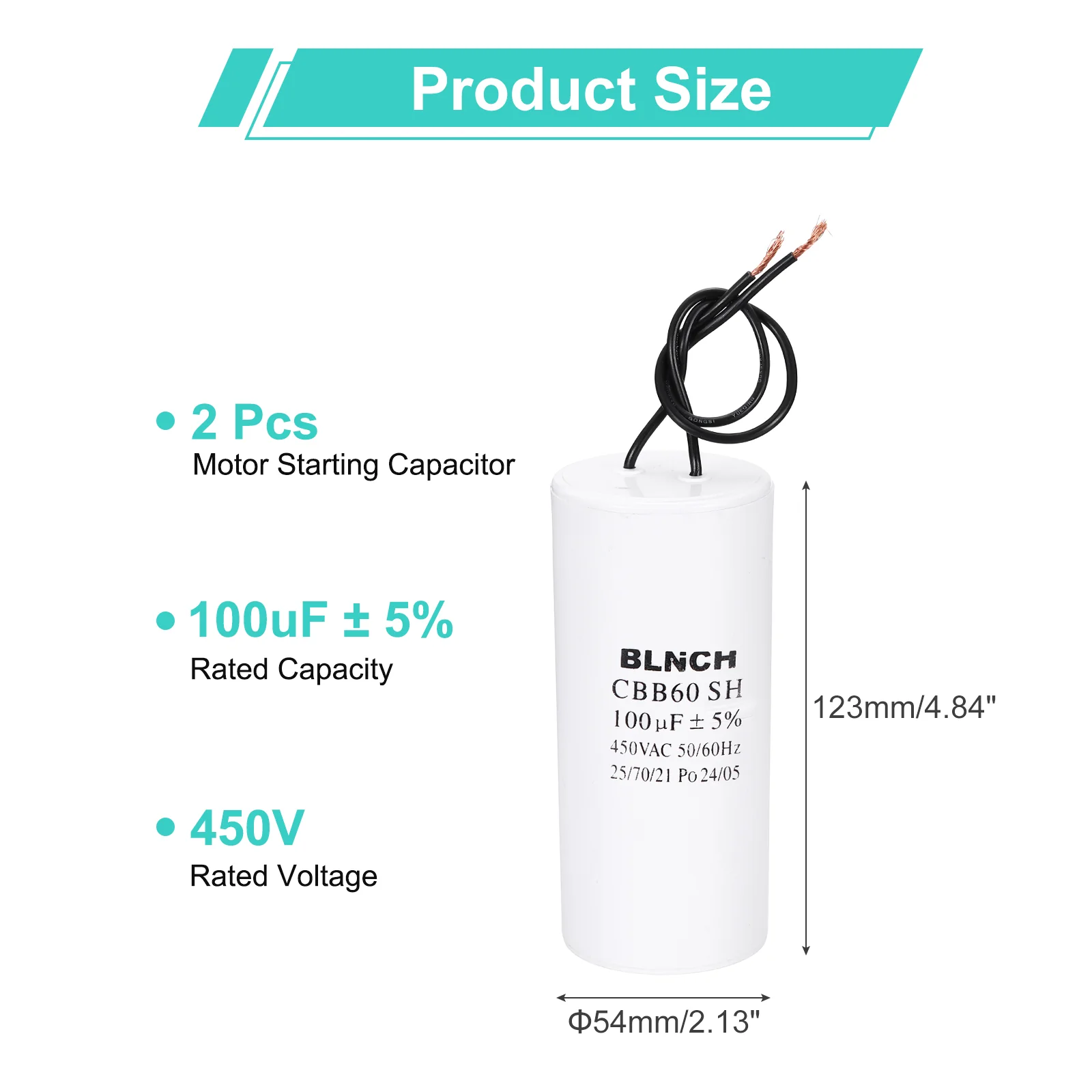2 Pcs CBB60 Capacitor, 100uF 450V 2 Wire Electric Motor Run Starting Capacitor - Image 2