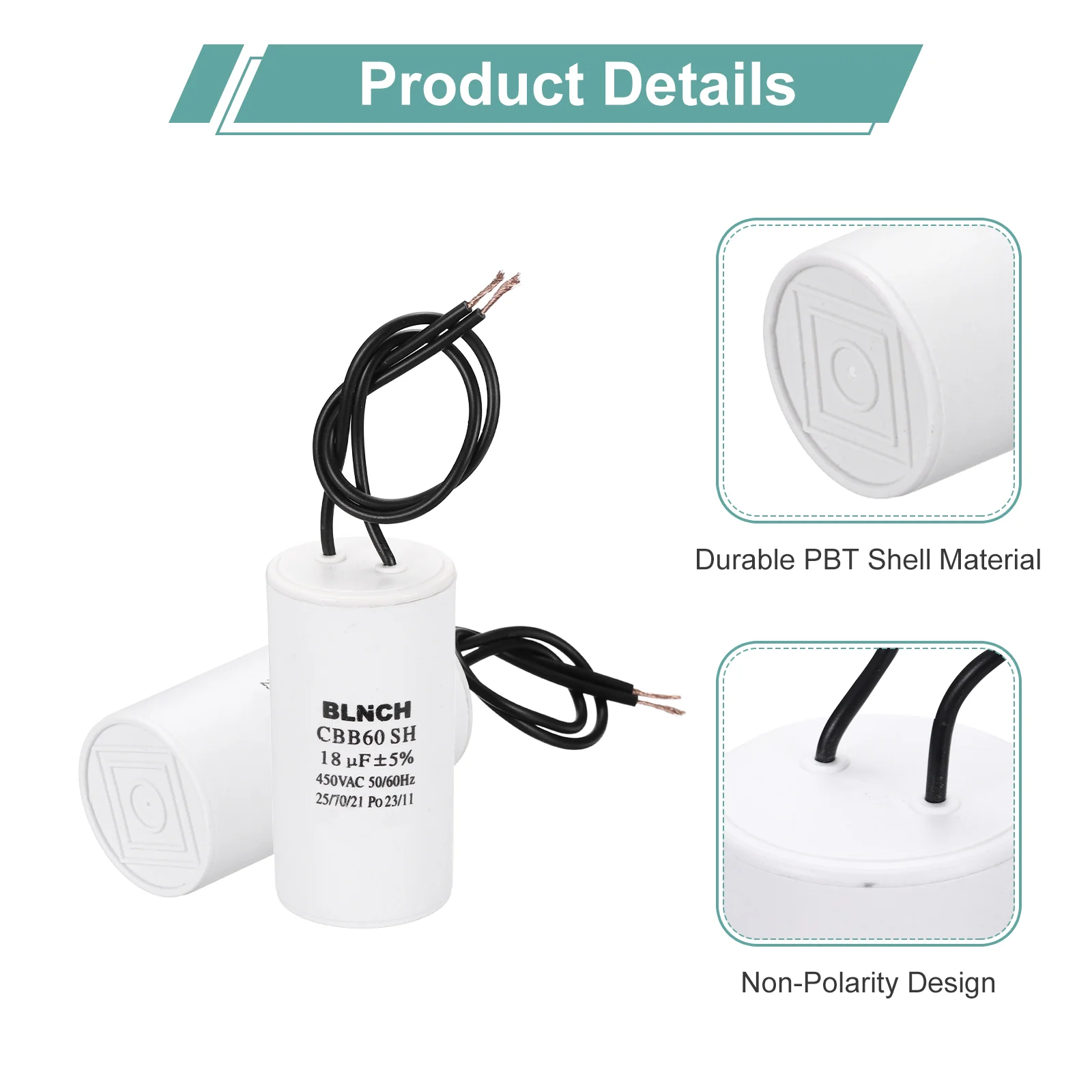 2 Pcs CBB60 Capacitor, 18uF 450V 2 Wire Electric Motor Run Starting Capacitor - Image 3