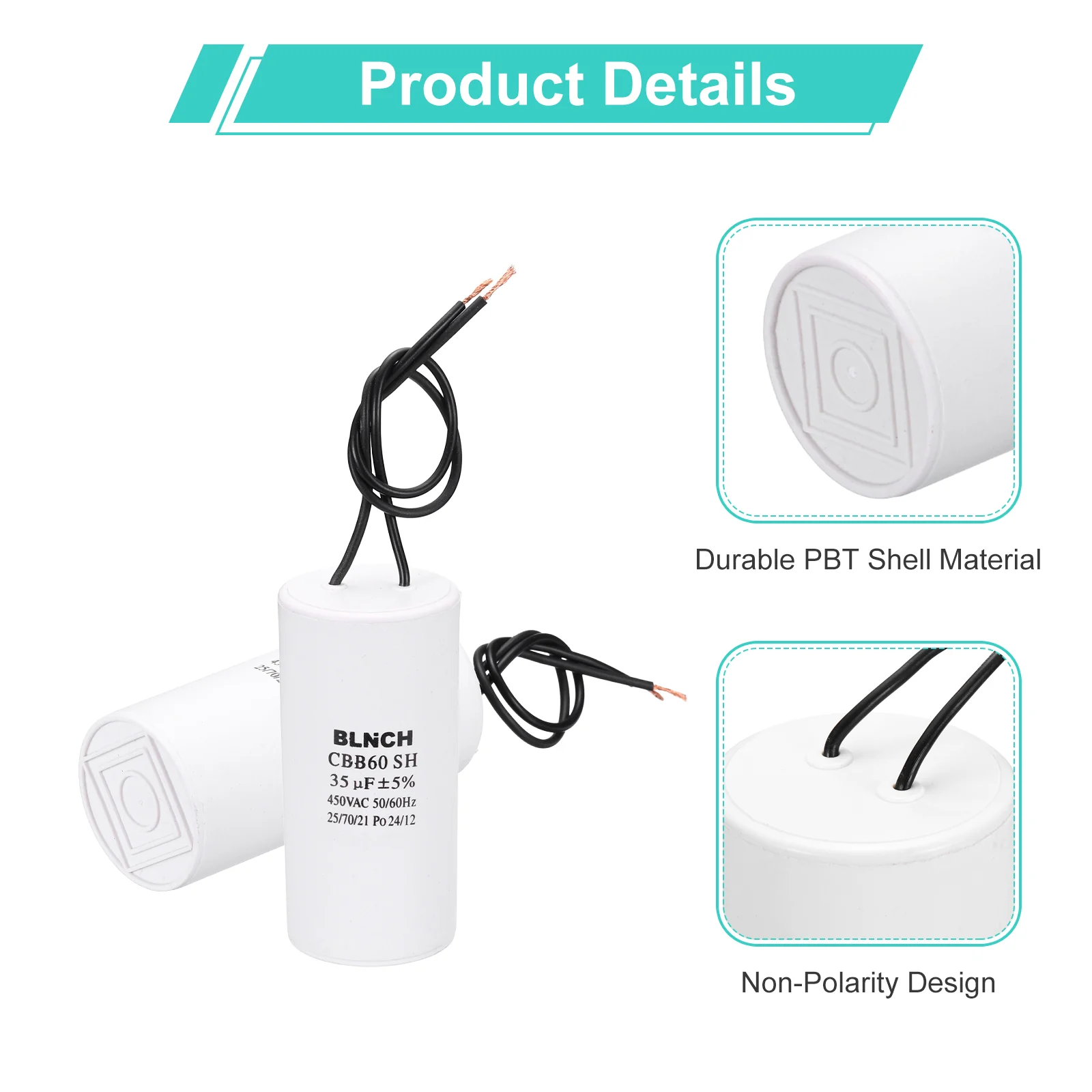 2 Pcs CBB60 Capacitor, 35uF 450V 2 Wire Electric Motor Run Starting Capacitor - Image 3