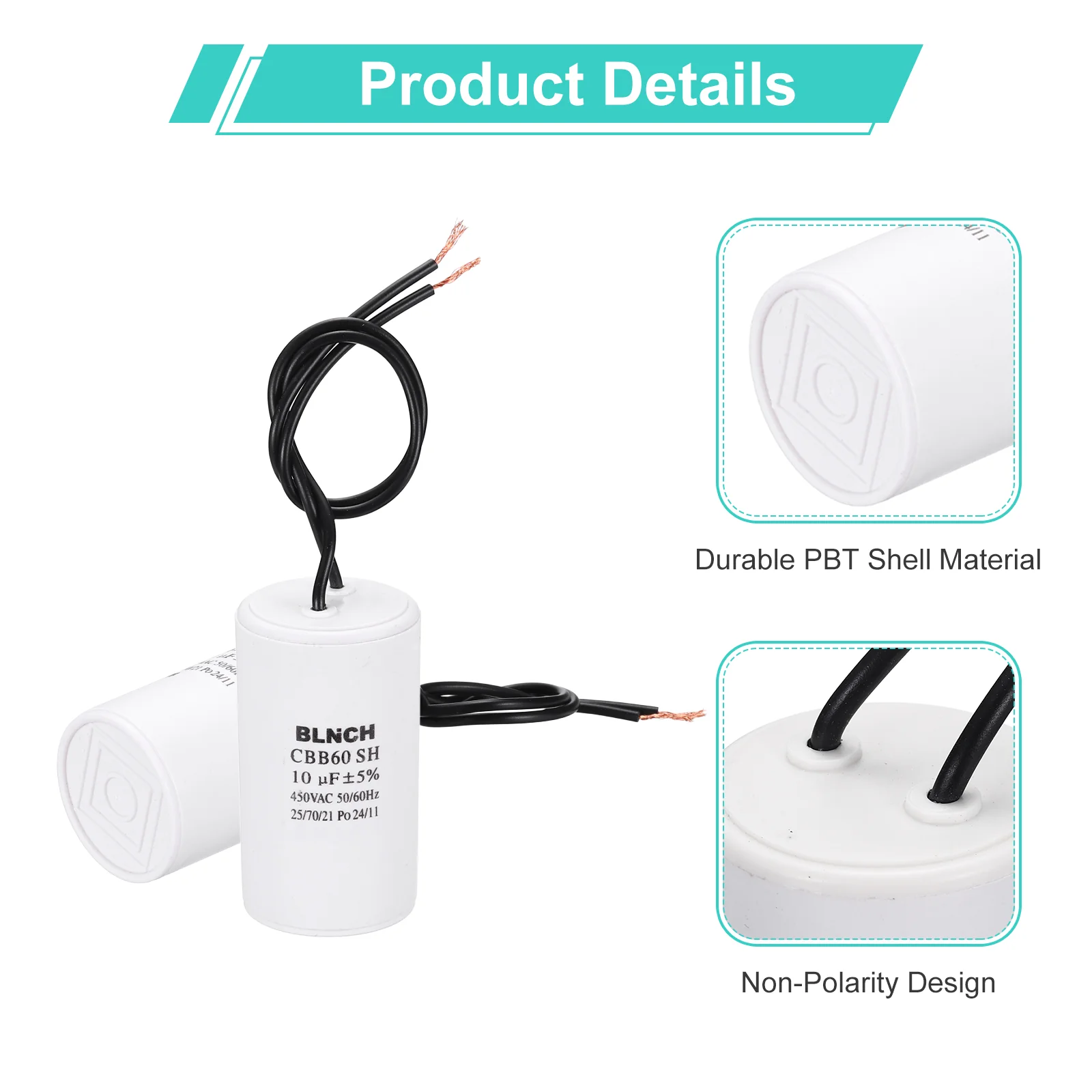 2 Pcs CBB60 Capacitor, 10uF 450V 2 Wire Electric Motor Run Starting Capacitor - Image 3
