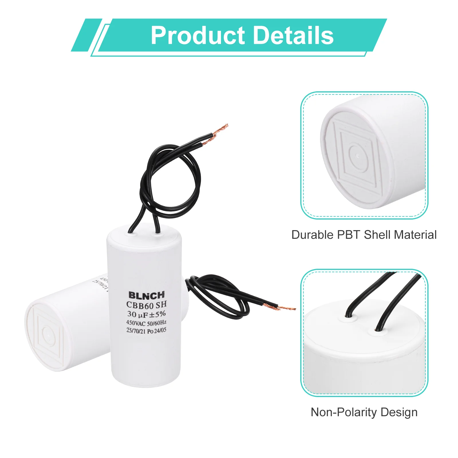 2 Pcs CBB60 Capacitor, 30uF 450V 2 Wire Electric Motor Run Starting Capacitor - Image 3