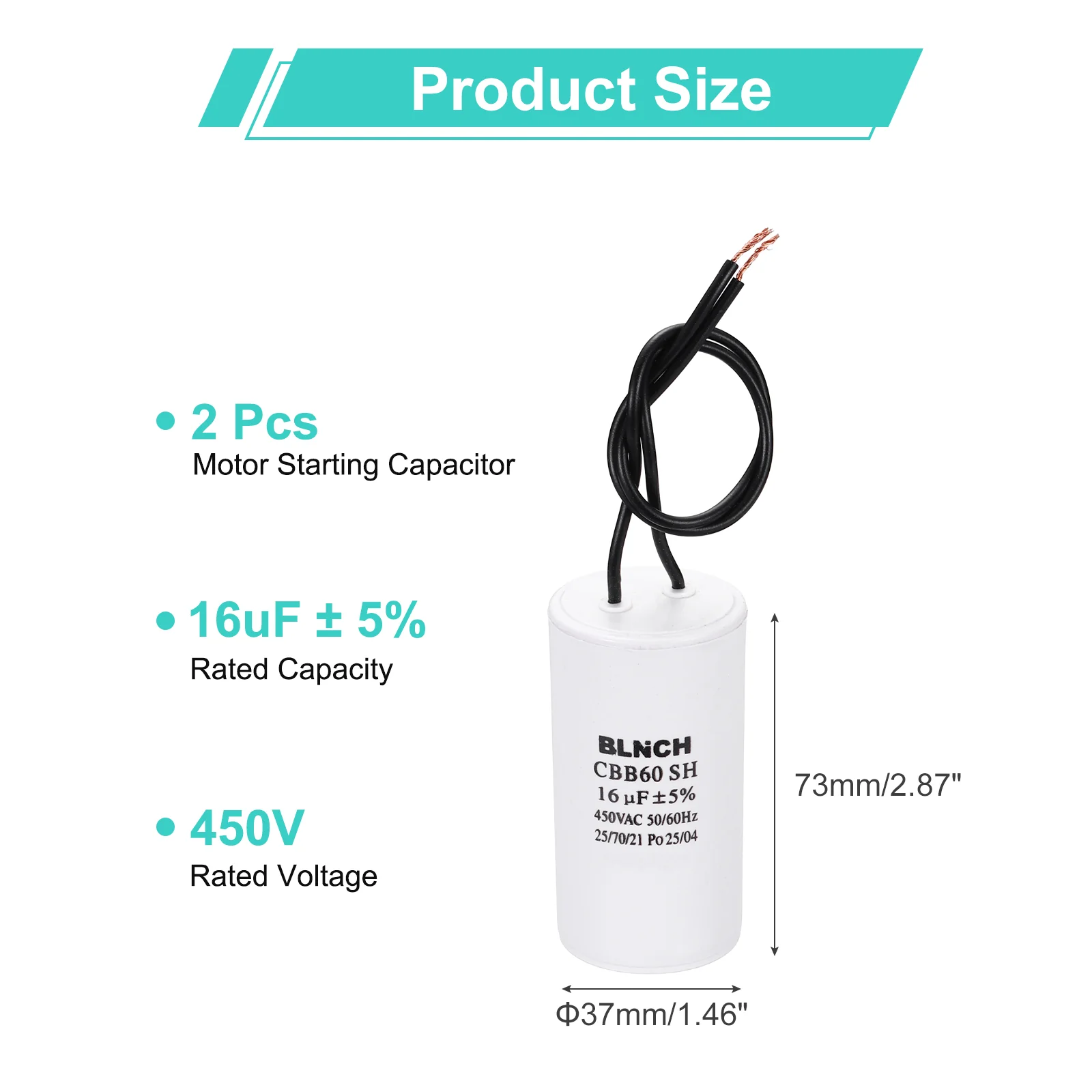 2 Pcs CBB60 Capacitor, 16uF 450V 2 Wire Electric Motor Run Starting Capacitor - Image 2