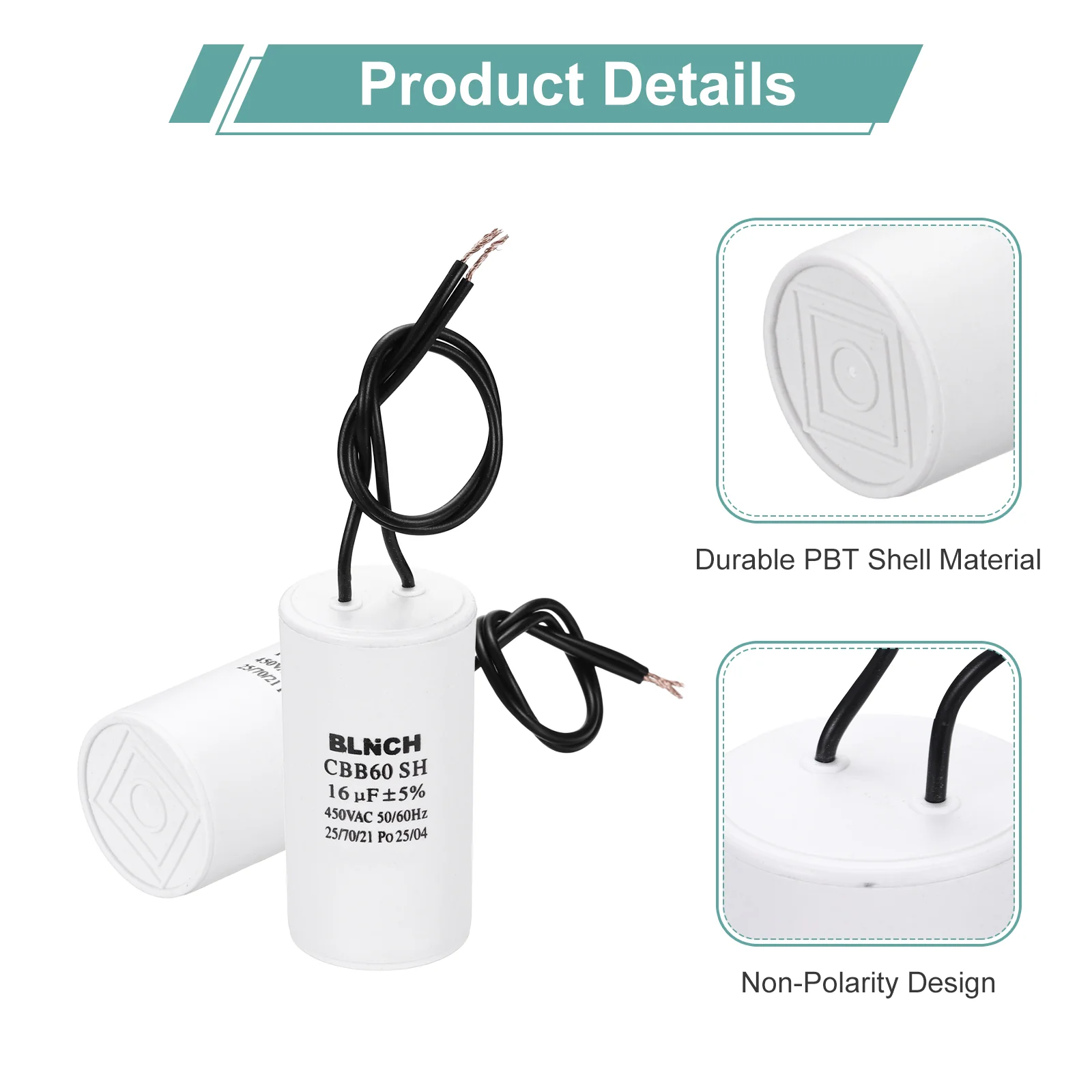 2 Pcs CBB60 Capacitor, 16uF 450V 2 Wire Electric Motor Run Starting Capacitor - Image 3