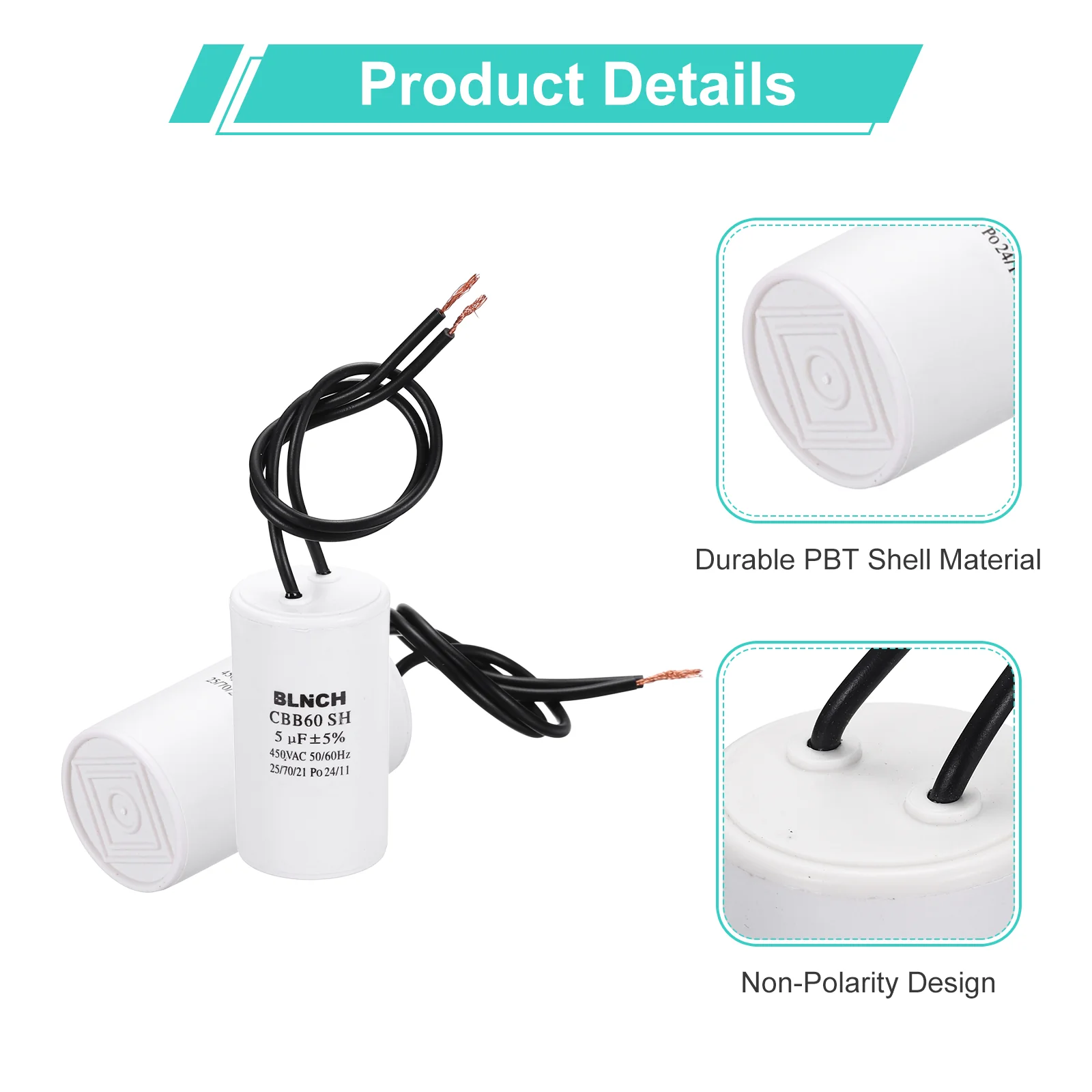 2 Pcs CBB60 Capacitor, 5uF 450V 2 Wire Electric Motor Run Starting Capacitor - Image 3