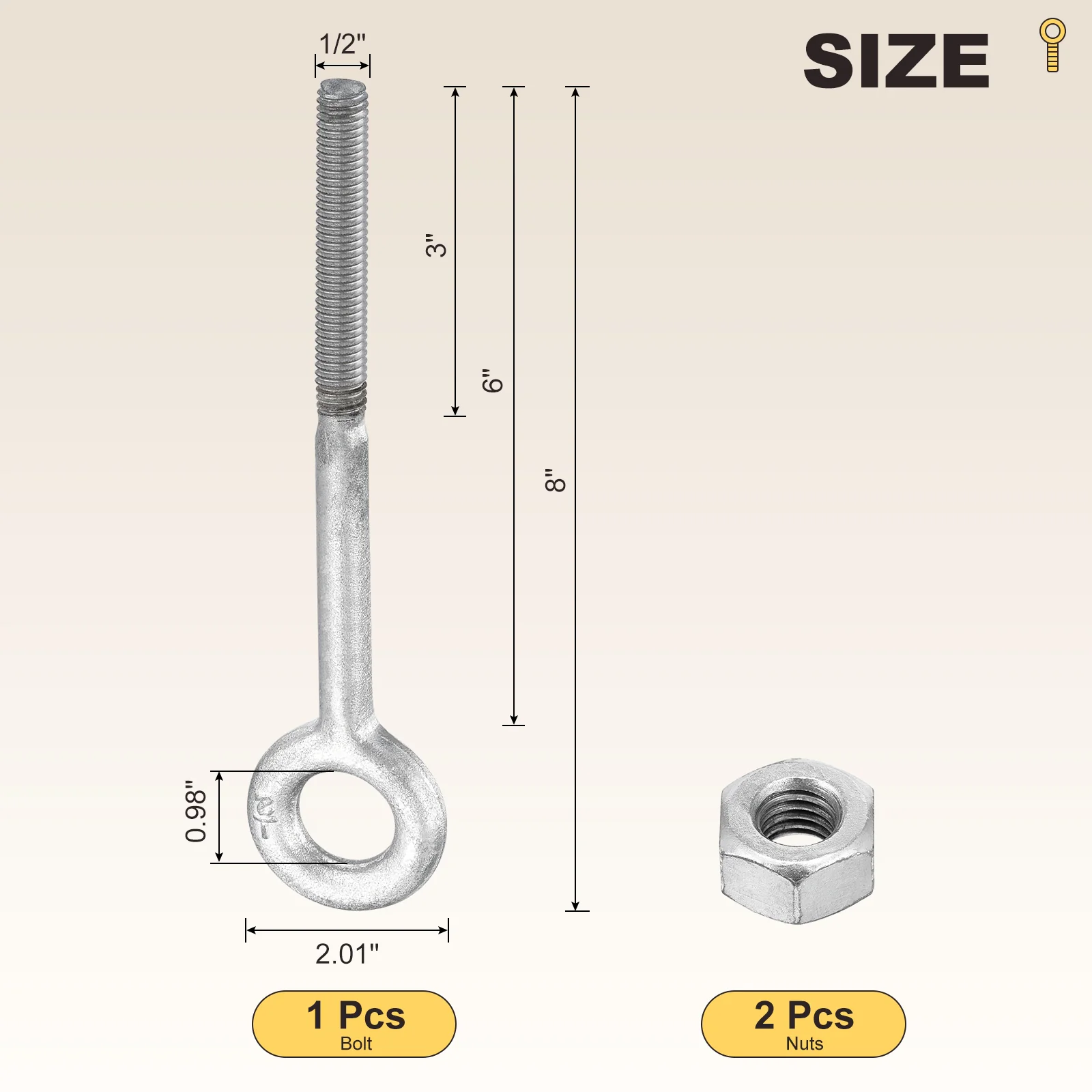 Eye Bolt with Nuts(1/2"x6") 1Set, Zinc-Plated Carbon Steel, White - Image 2