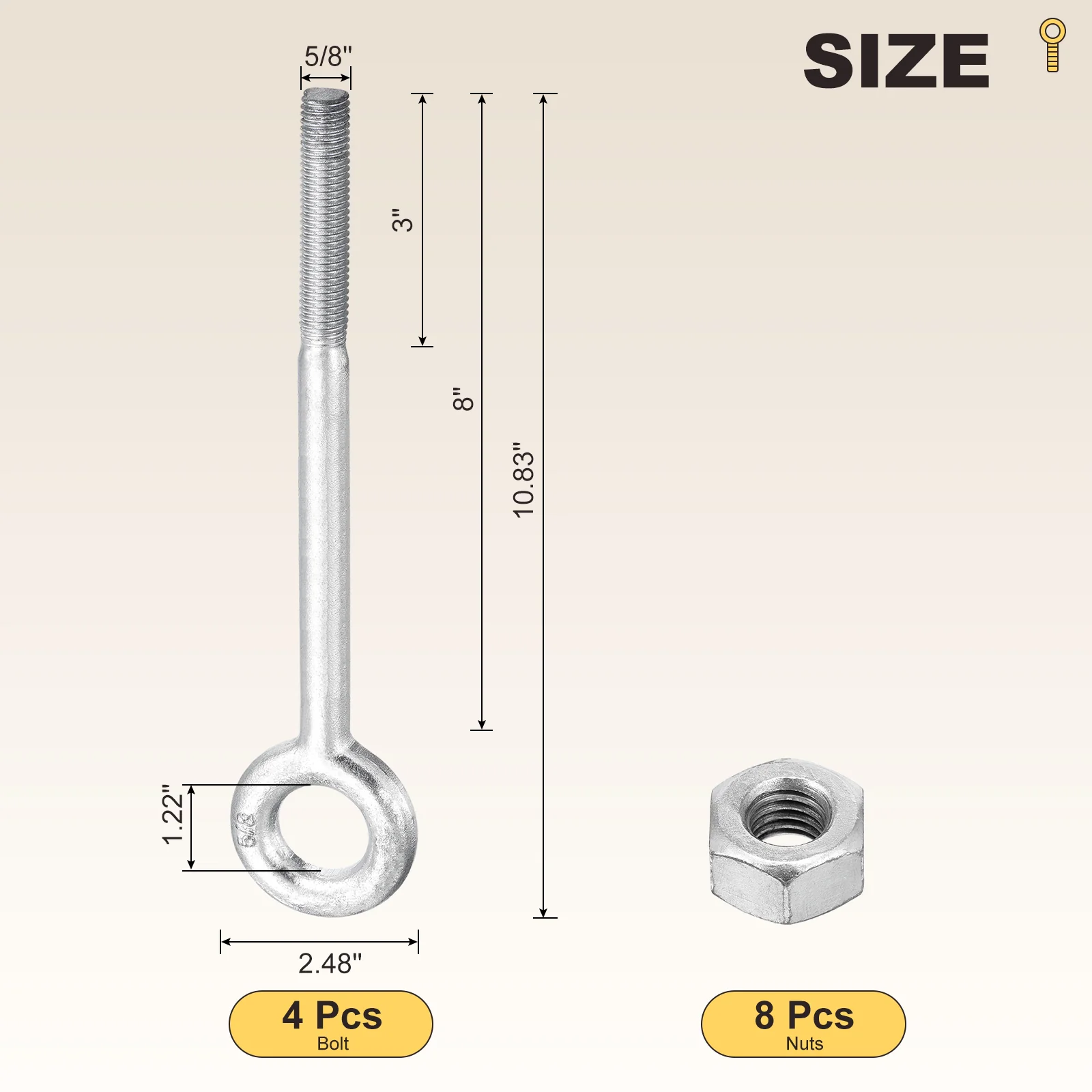 Eye Bolt with Nuts(5/8"x8") 4Set, Zinc-Plated Carbon Steel, White - Image 2