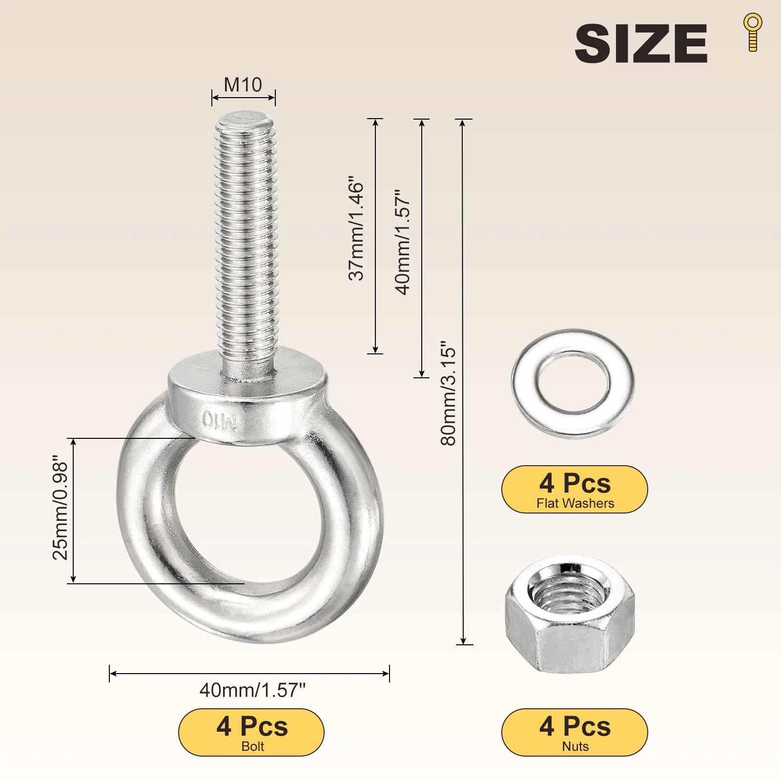 Shoulder Eye Bolt with Washers & Nuts (M10x40mm) 4Set, 304 Stainless Steel - Image 2