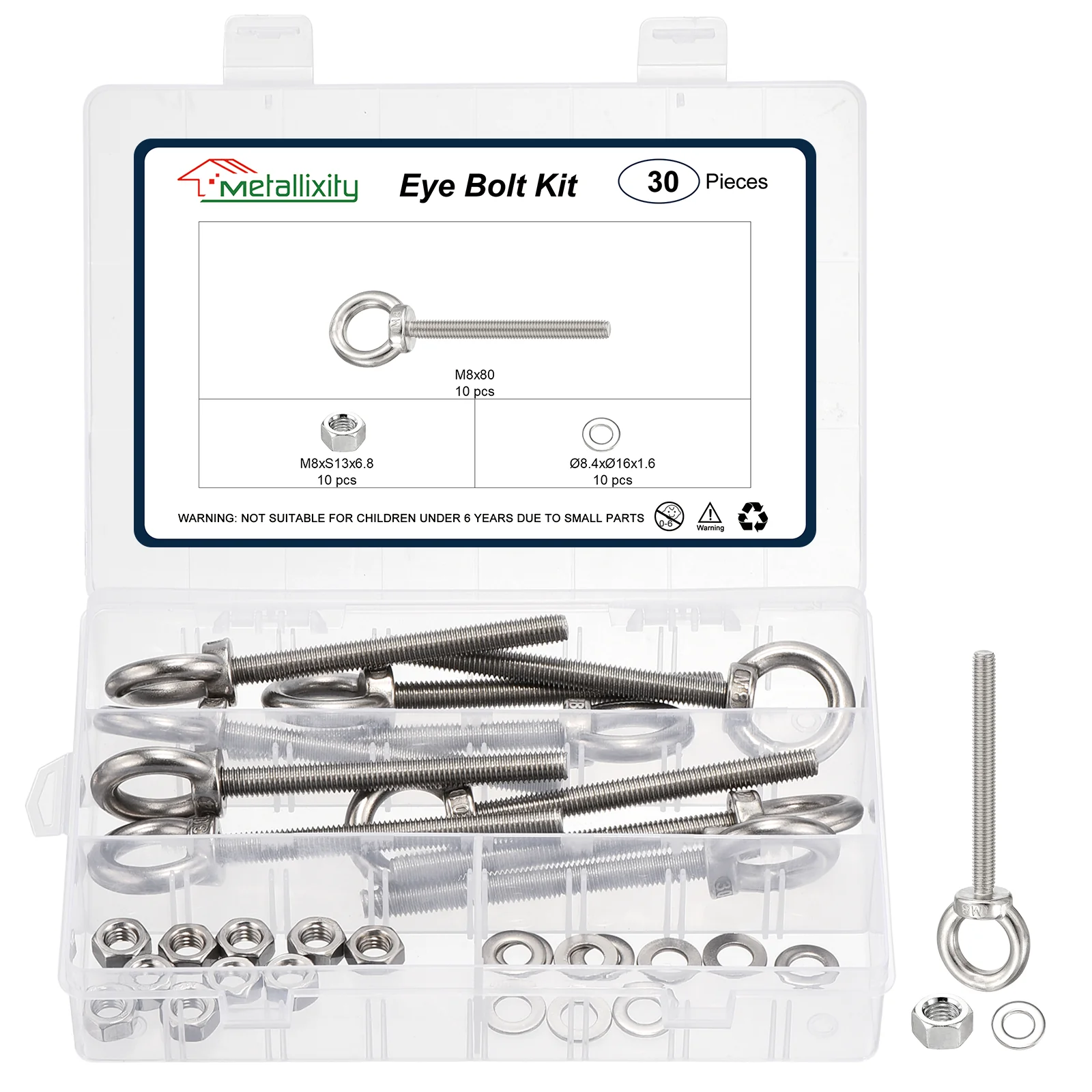 Shoulder Eye Bolt with Washers & Nuts (M8x80mm) 10Set, 304 Stainless Steel