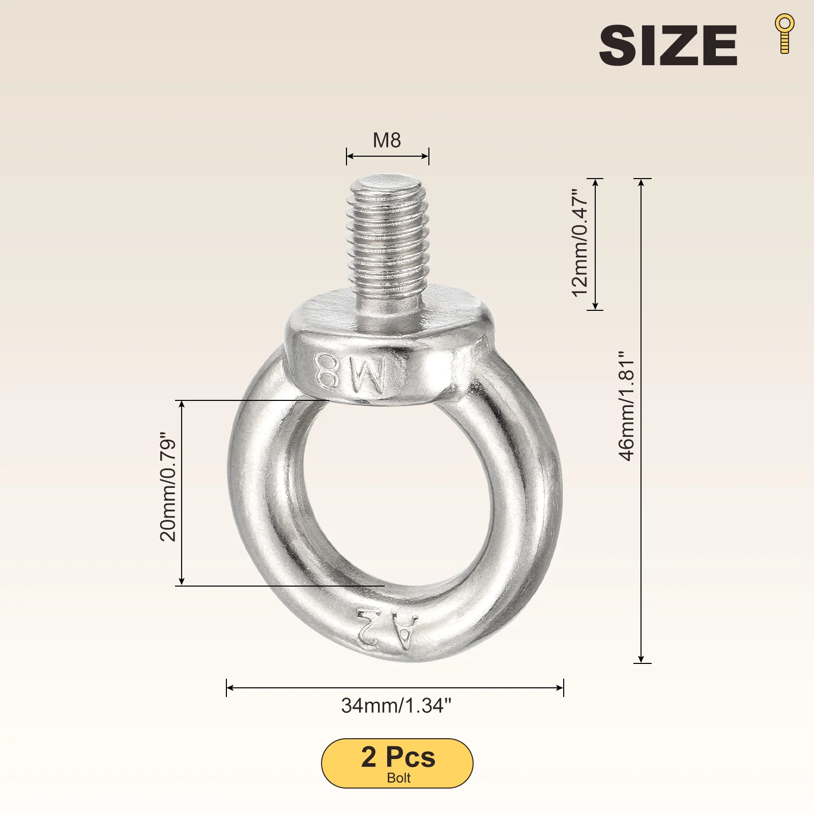 Shoulder Eye Bolt (M8x12mm) 2Pcs, 304 Stainless Steel, Silver - Image 2