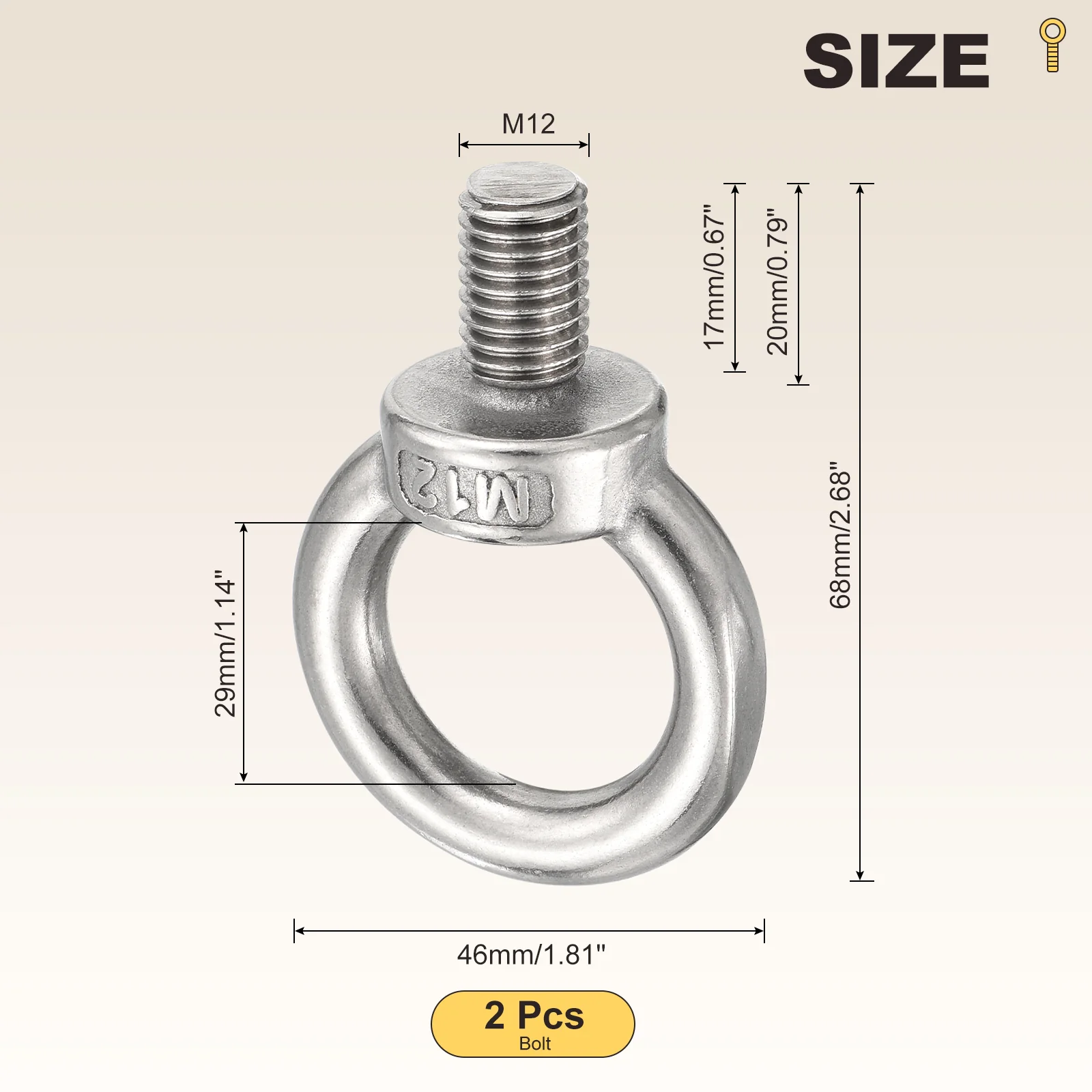 Shoulder Eye Bolt (M12x20mm) 2Pcs, 304 Stainless Steel, Silver - Image 2