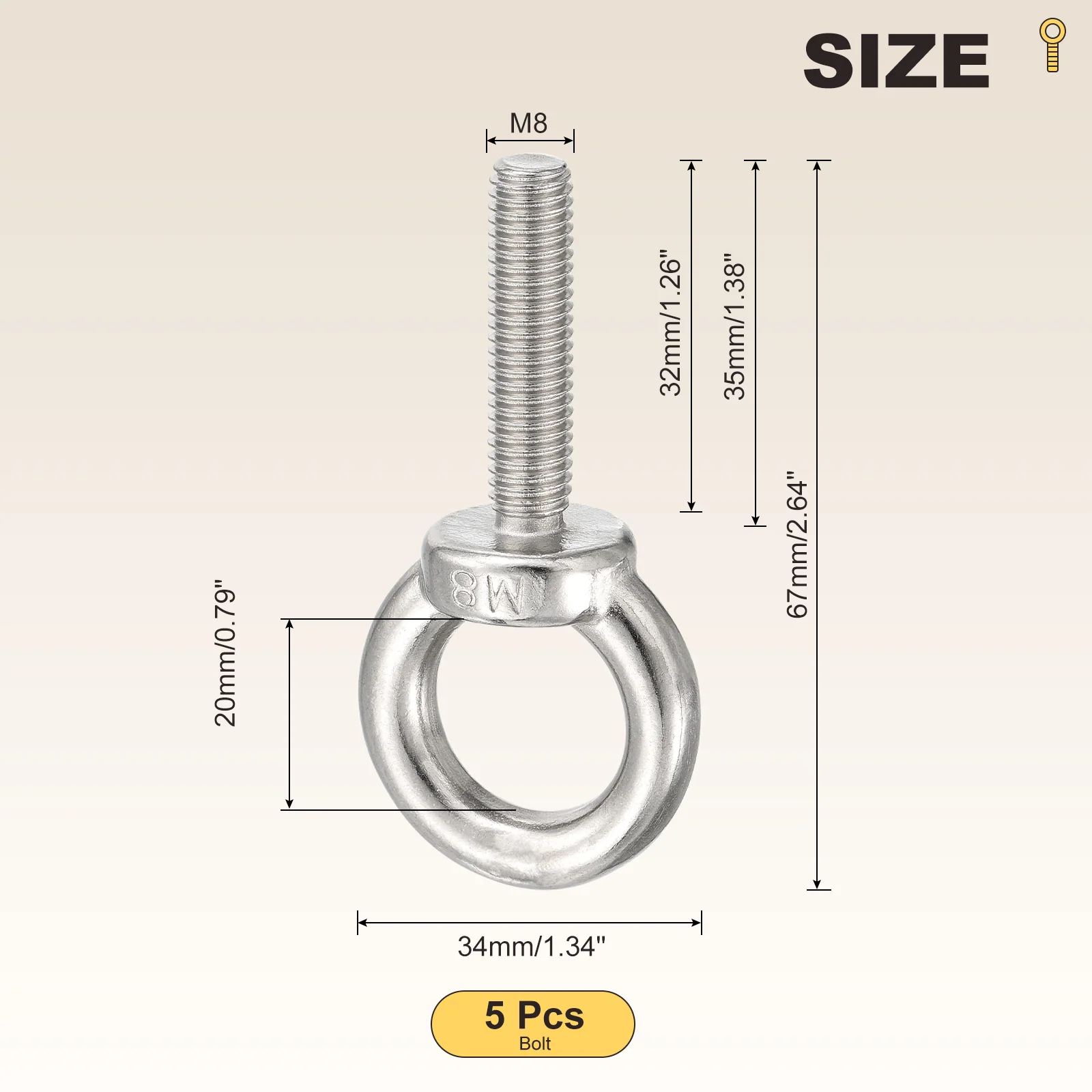 Shoulder Eye Bolt (M8x35mm) 5Pcs, 304 Stainless Steel, Silver - Image 2