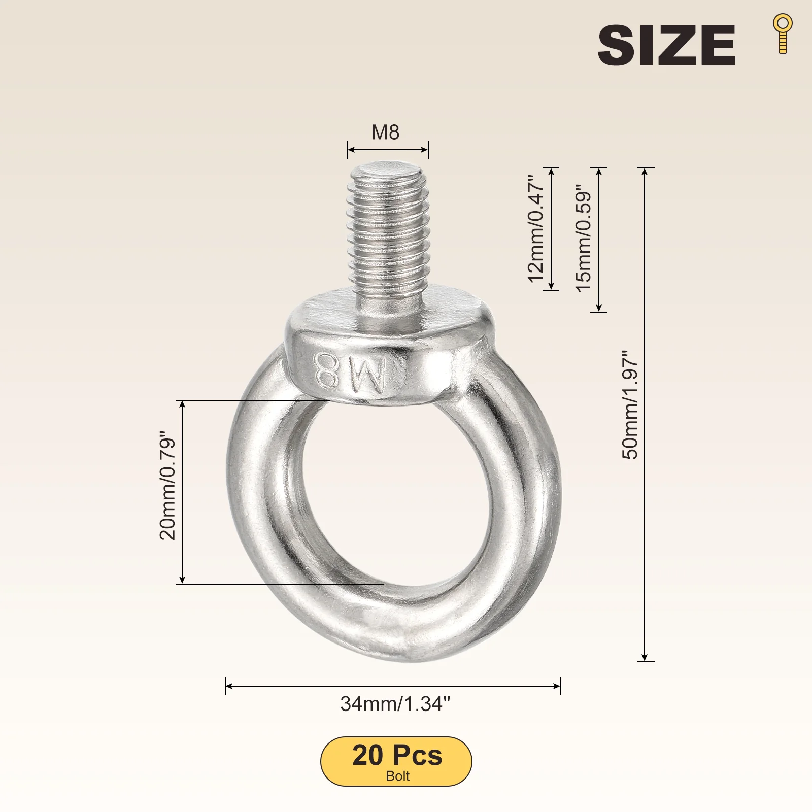 Shoulder Eye Bolt (M8x15mm) 20Pcs, 304 Stainless Steel, Silver - Image 2