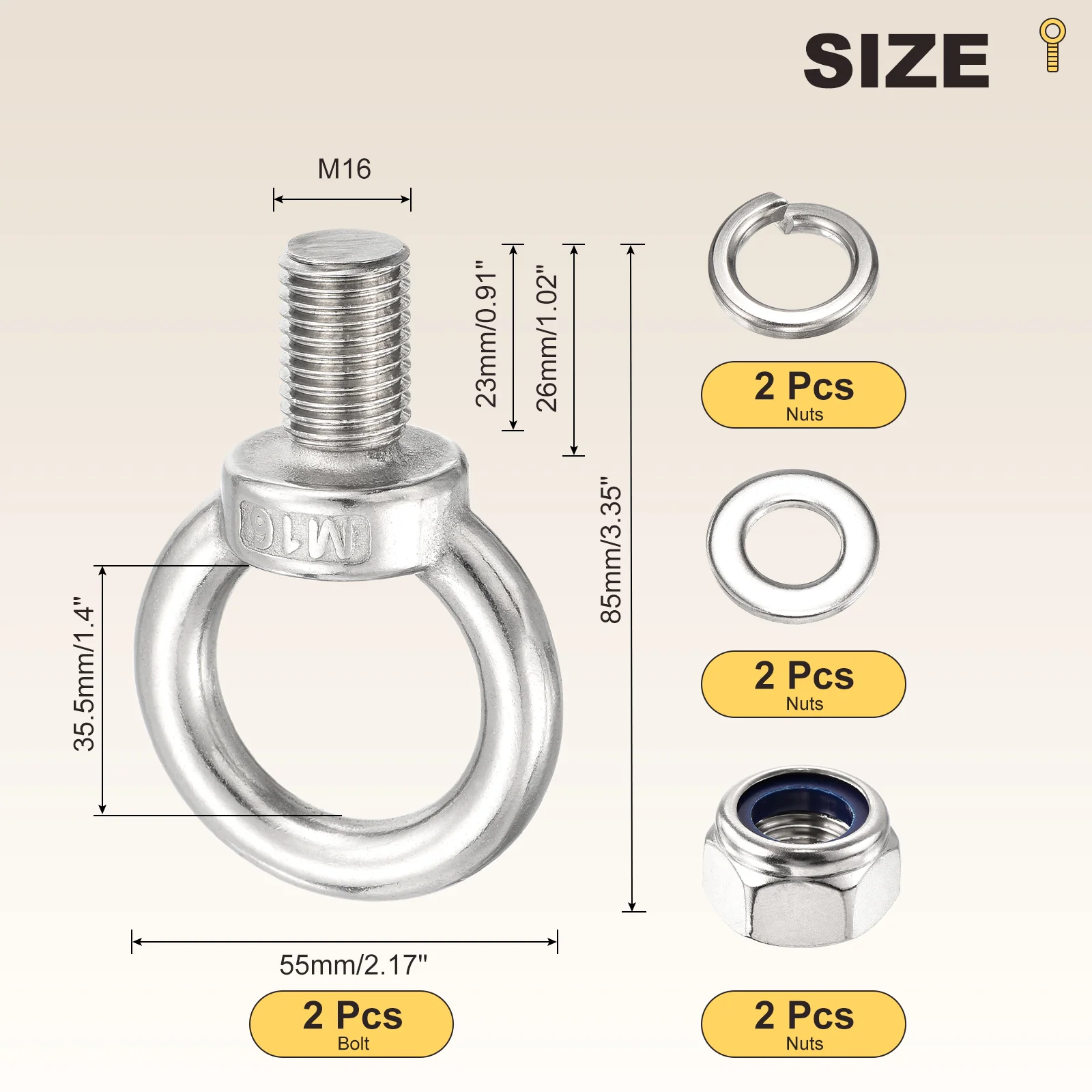 Shoulder Eye Bolt with Spring Washers, Flat Washers, Lock Nuts (M16x26mm) 2Set - Image 2