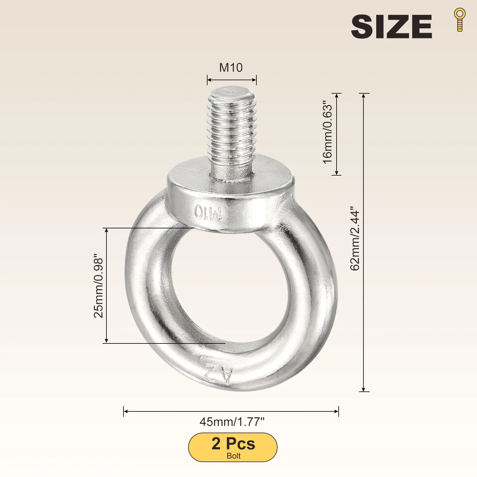 Shoulder Eye Bolt (M10x16mm) 2Pcs, 304 Stainless Steel, Silver - Image 2