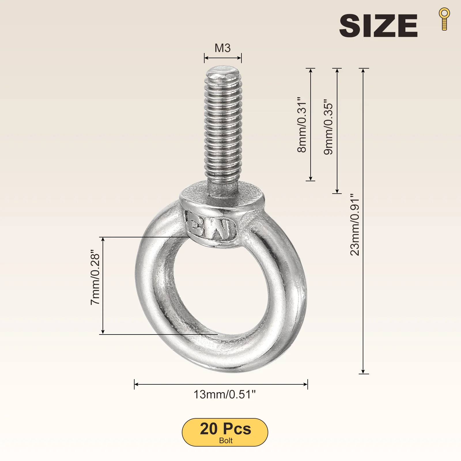 Shoulder Eye Bolt (M3x9mm) 20Pcs, 304 Stainless Steel, Silver - Image 2