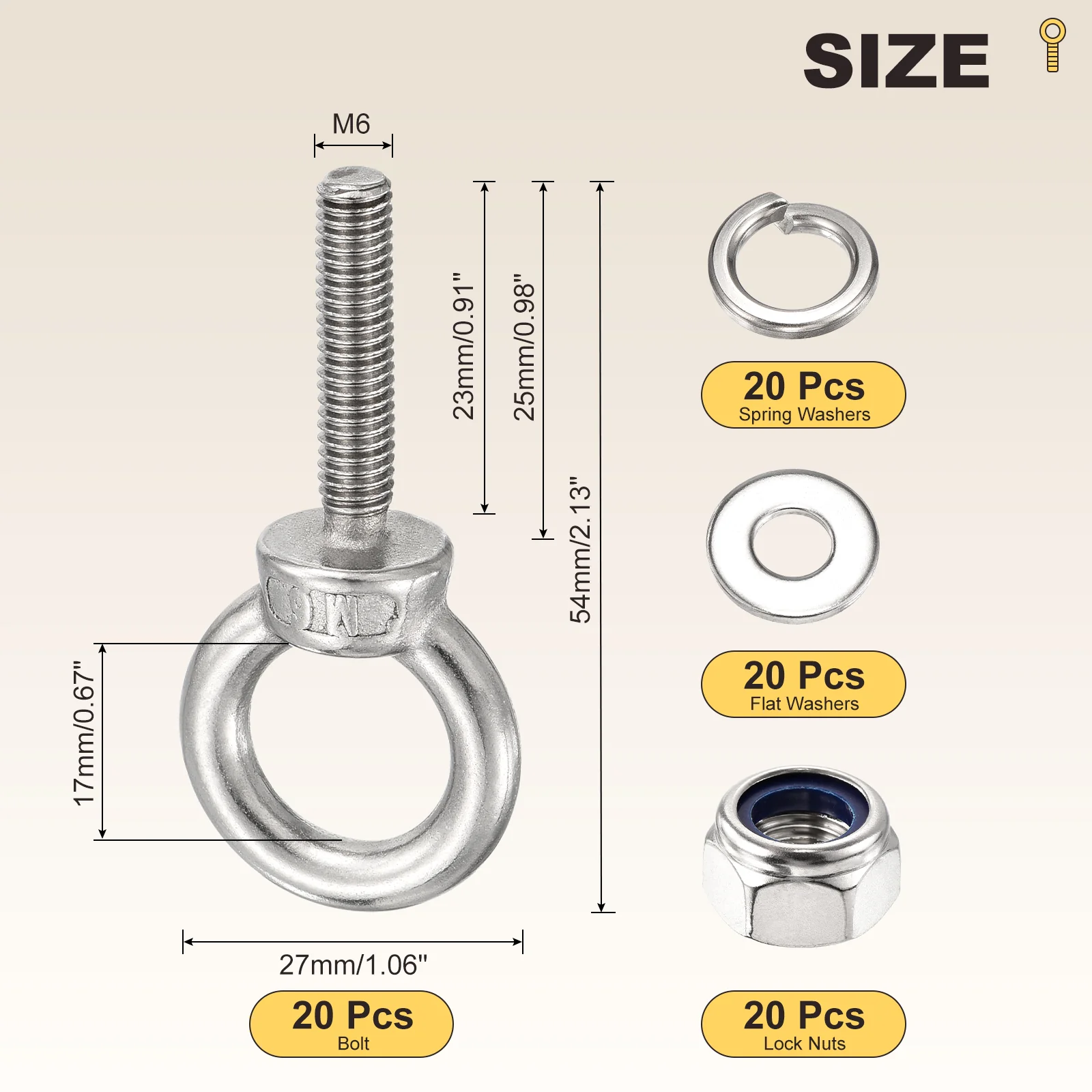 Shoulder Eye Bolt with Spring Washers, Flat Washers, Lock Nuts (M6x25mm) 20Set - Image 2