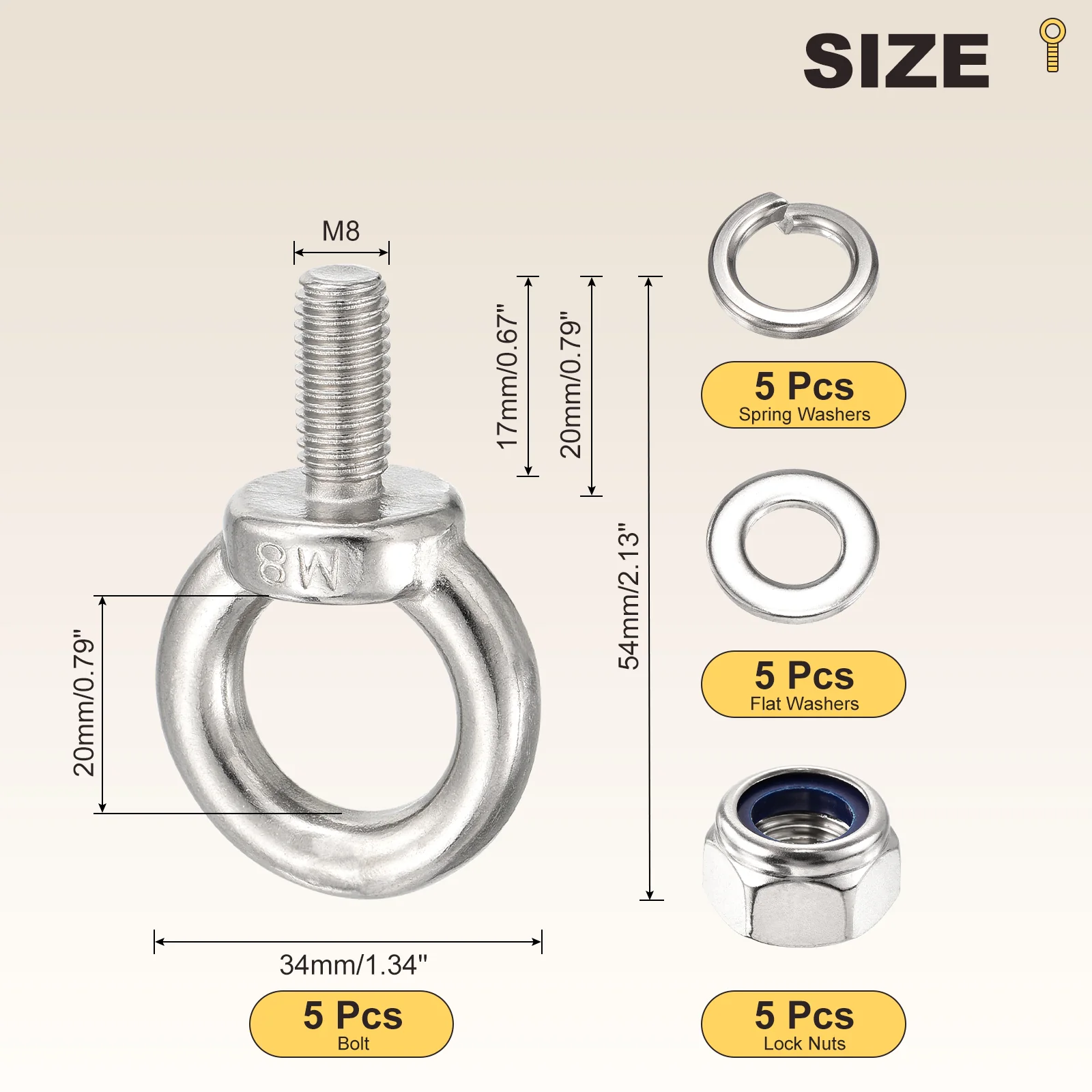 Shoulder Eye Bolt with Spring Washers, Flat Washers, Lock Nuts (M8x20mm) 5Set - Image 2