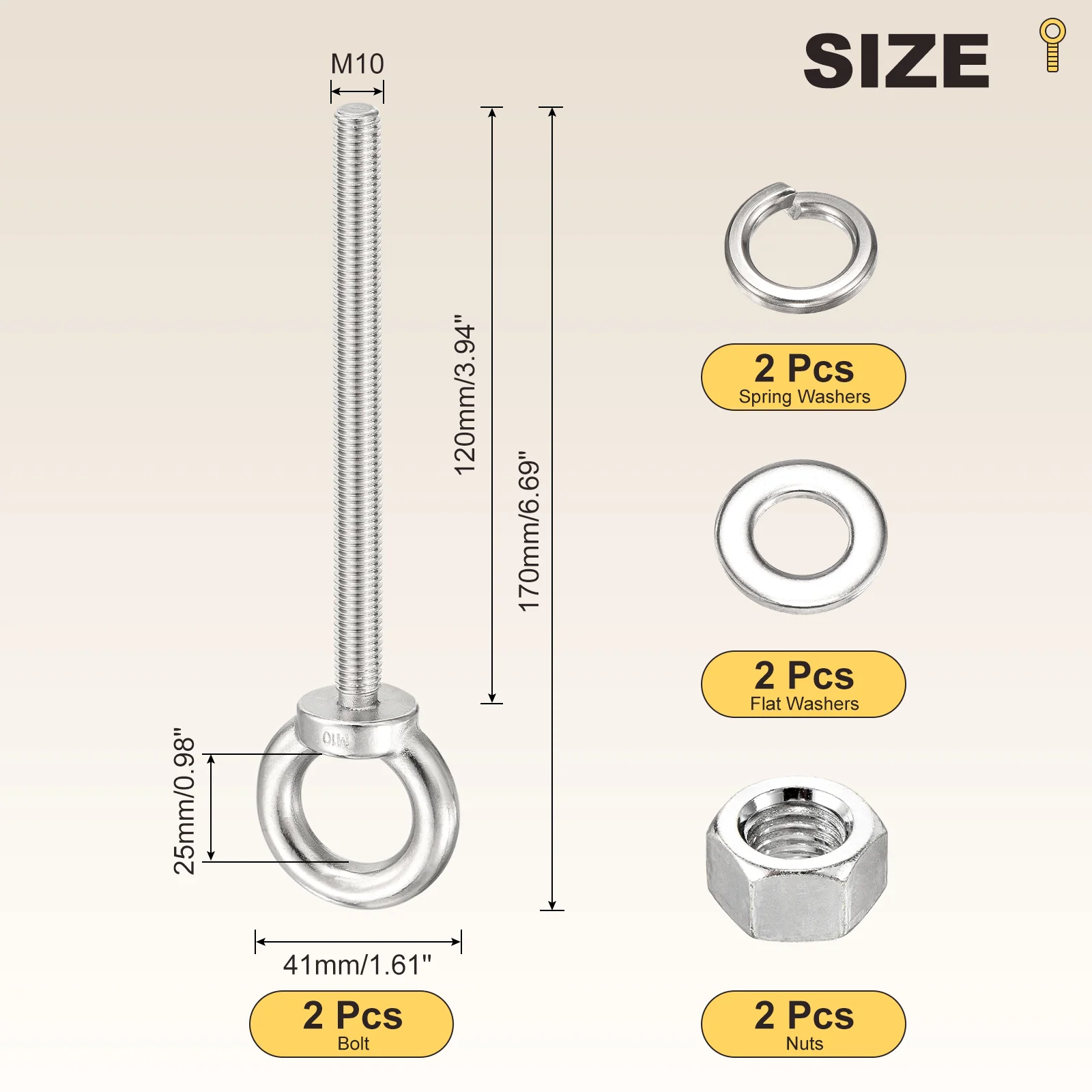 Shoulder Eye Bolt with Flat Washers & Nuts & Spring Washers (M10x120mm) 2Set - Image 2