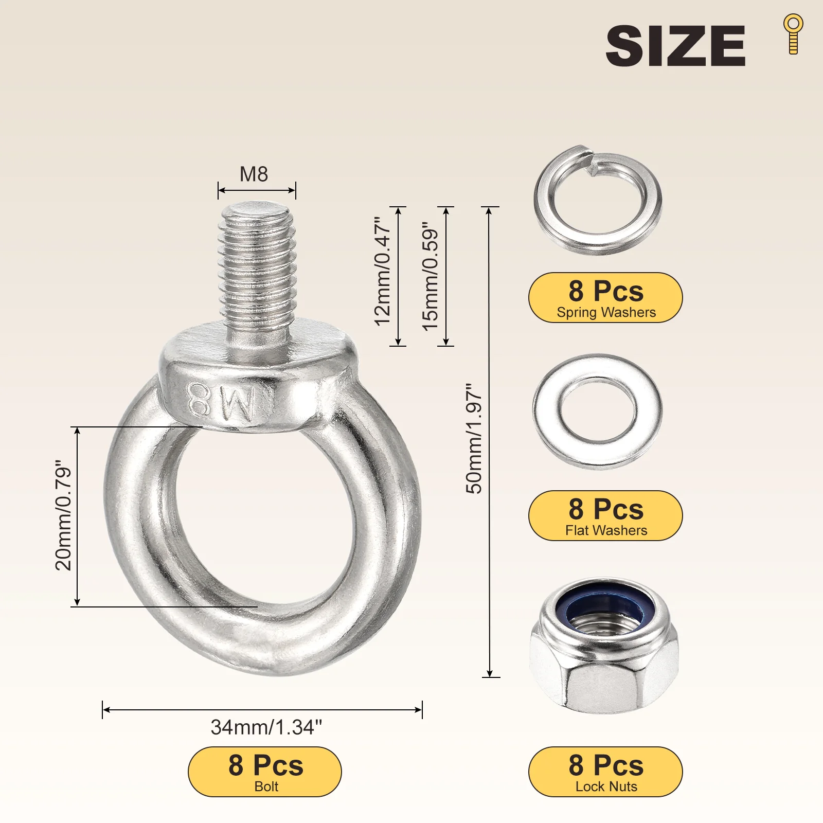 Shoulder Eye Bolt with Spring Washers, Flat Washers, Lock Nuts (M8x15mm) 8Set - Image 2