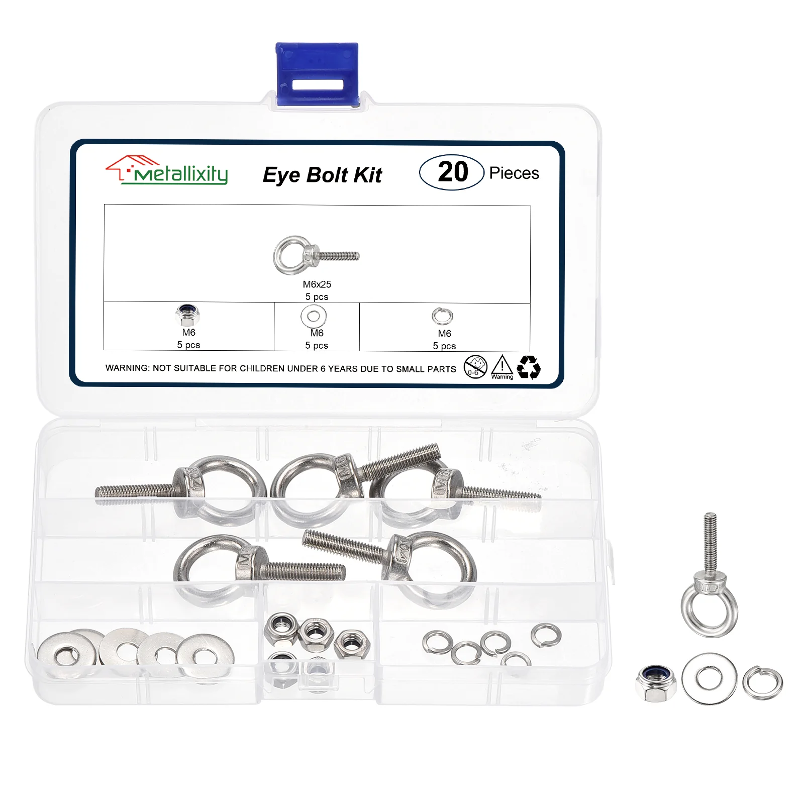 Shoulder Eye Bolt with Spring Washers, Flat Washers, Lock Nuts (M6x25mm) 5Set