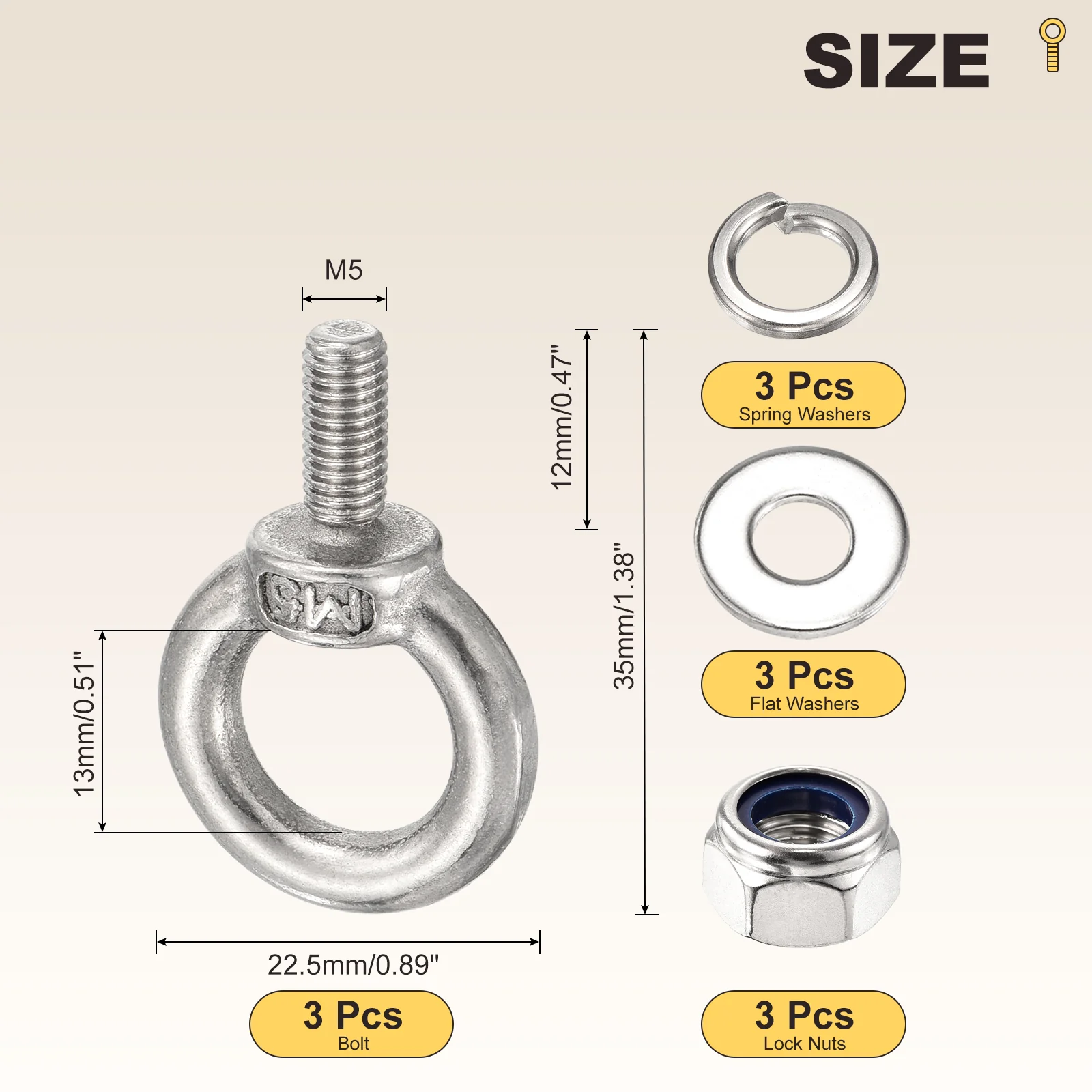Shoulder Eye Bolt with Spring Washers, Flat Washers, Lock Nuts (M5x12mm) 3Set - Image 2