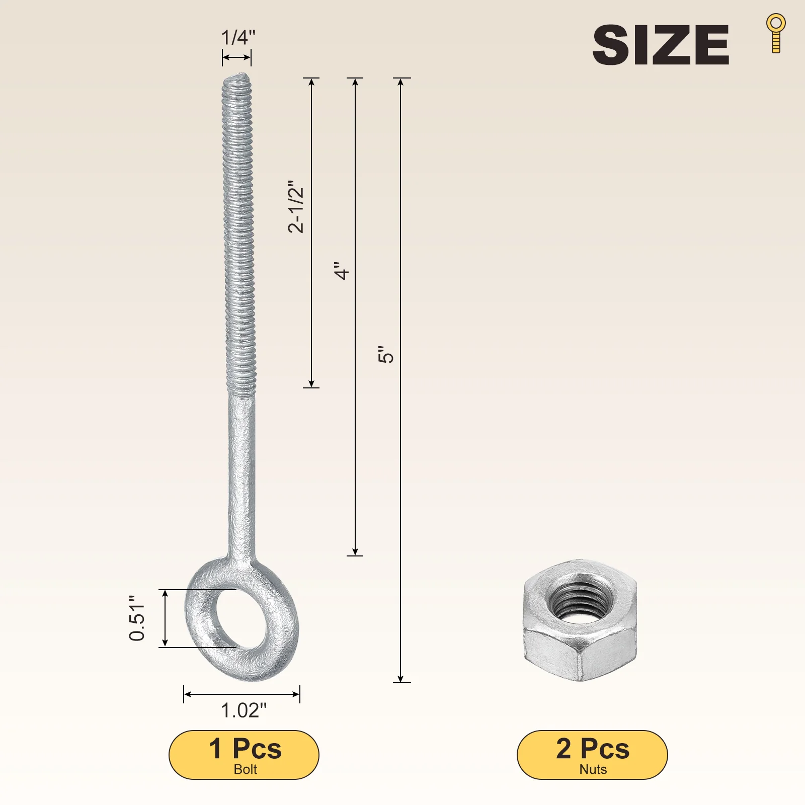 Eye Bolt with Nuts(1/4"x4") 1Set, Zinc-Plated Carbon Steel, White - Image 2