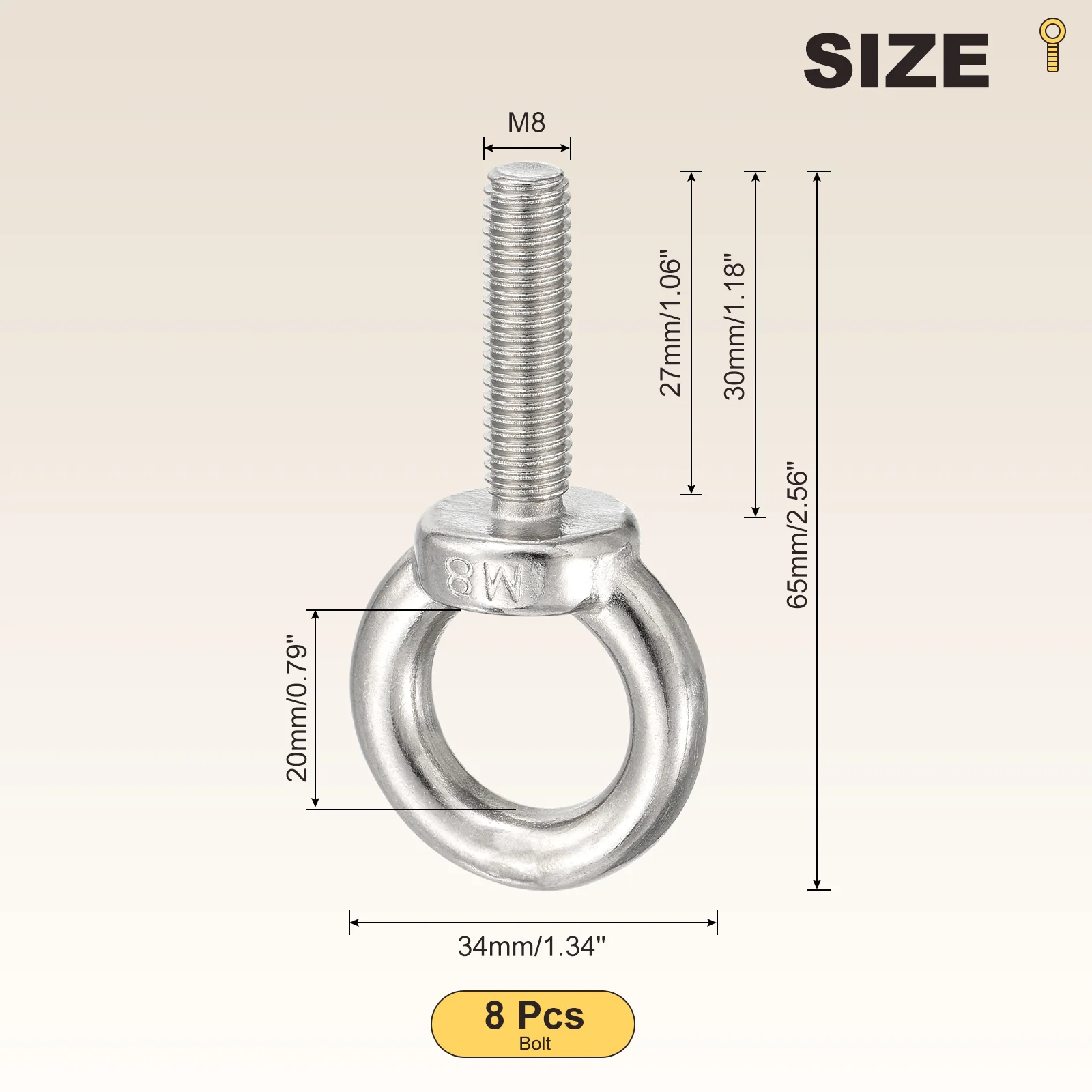 Shoulder Eye Bolt (M8x30mm) 8Pcs, 304 Stainless Steel, Silver - Image 2
