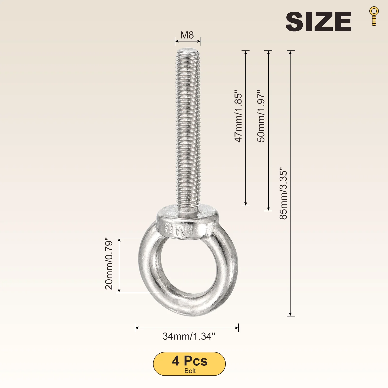 Shoulder Eye Bolt (M8x50mm) 4Pcs, 304 Stainless Steel, Silver - Image 2