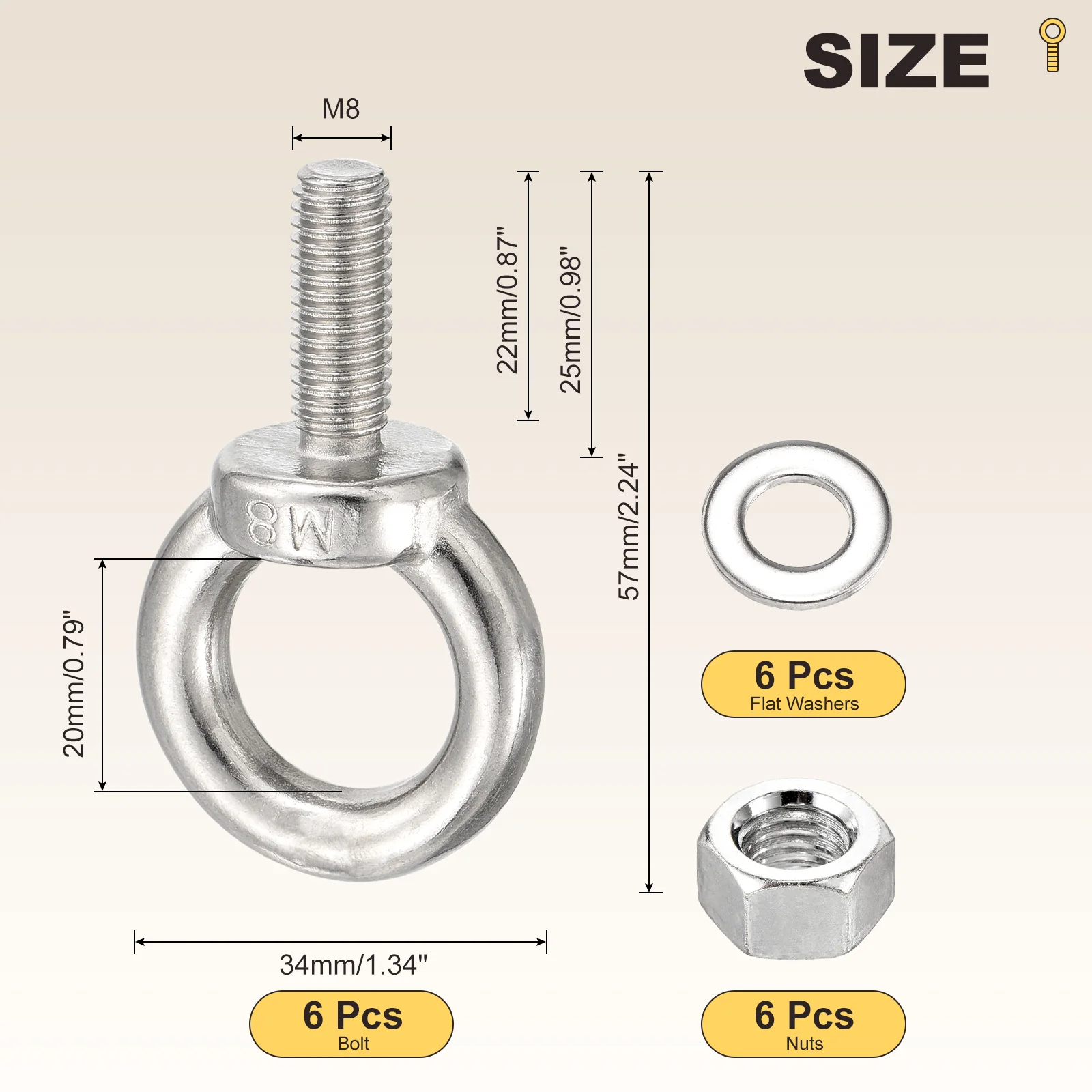 Shoulder Eye Bolt with Washers & Nuts (M8x25mm) 6Set, 304 Stainless Steel - Image 2