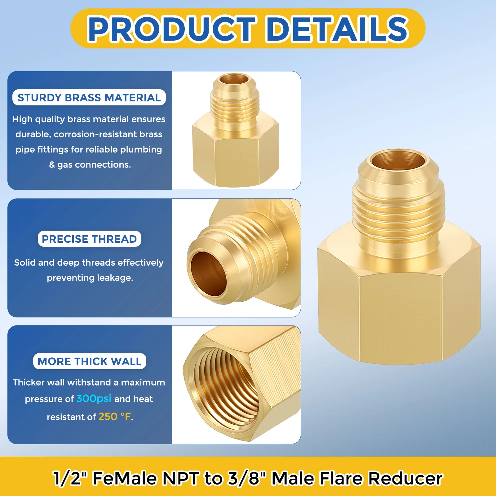 2 Pack Brass Pipe Fittings, 1/2" FeMale NPT to 3/8" Male Flare Reducer - Image 4