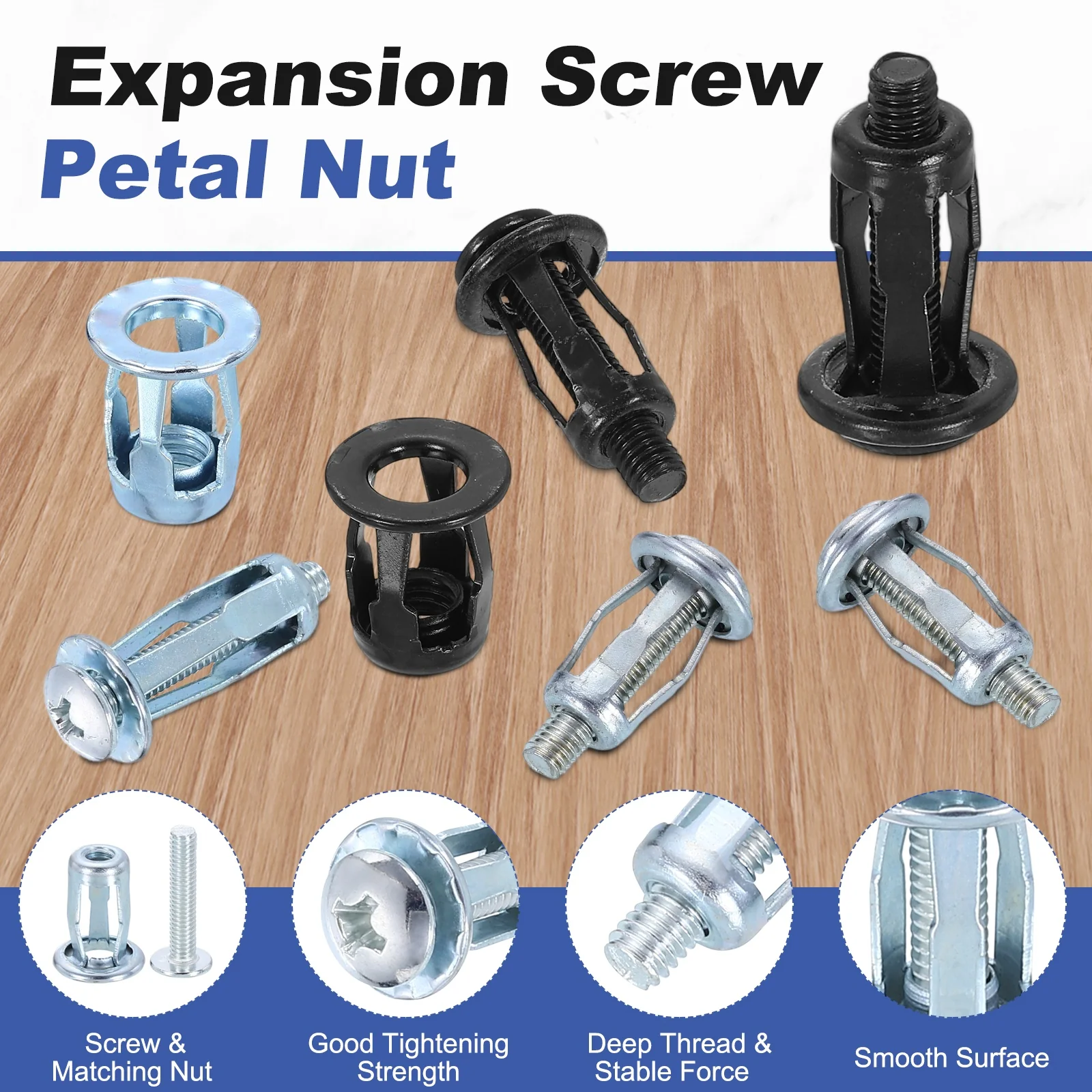 Uxcell 16 Set M8x34.5mm Jack Nuts, Carbon Steel Expansion Screw Petal Rivet Nut, Black - Image 3