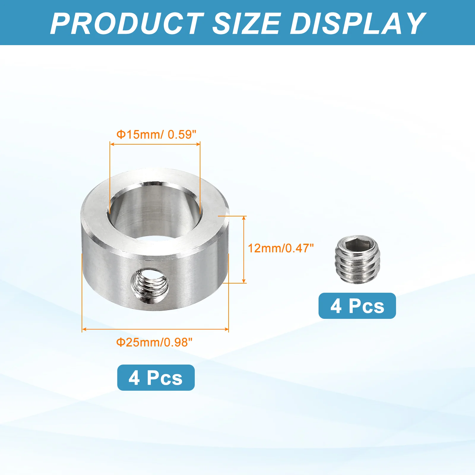 4pcs Stainless Steel Shaft Collar, 15mm ID 25mm OD 12mm Thickness Single Hole - Image 2