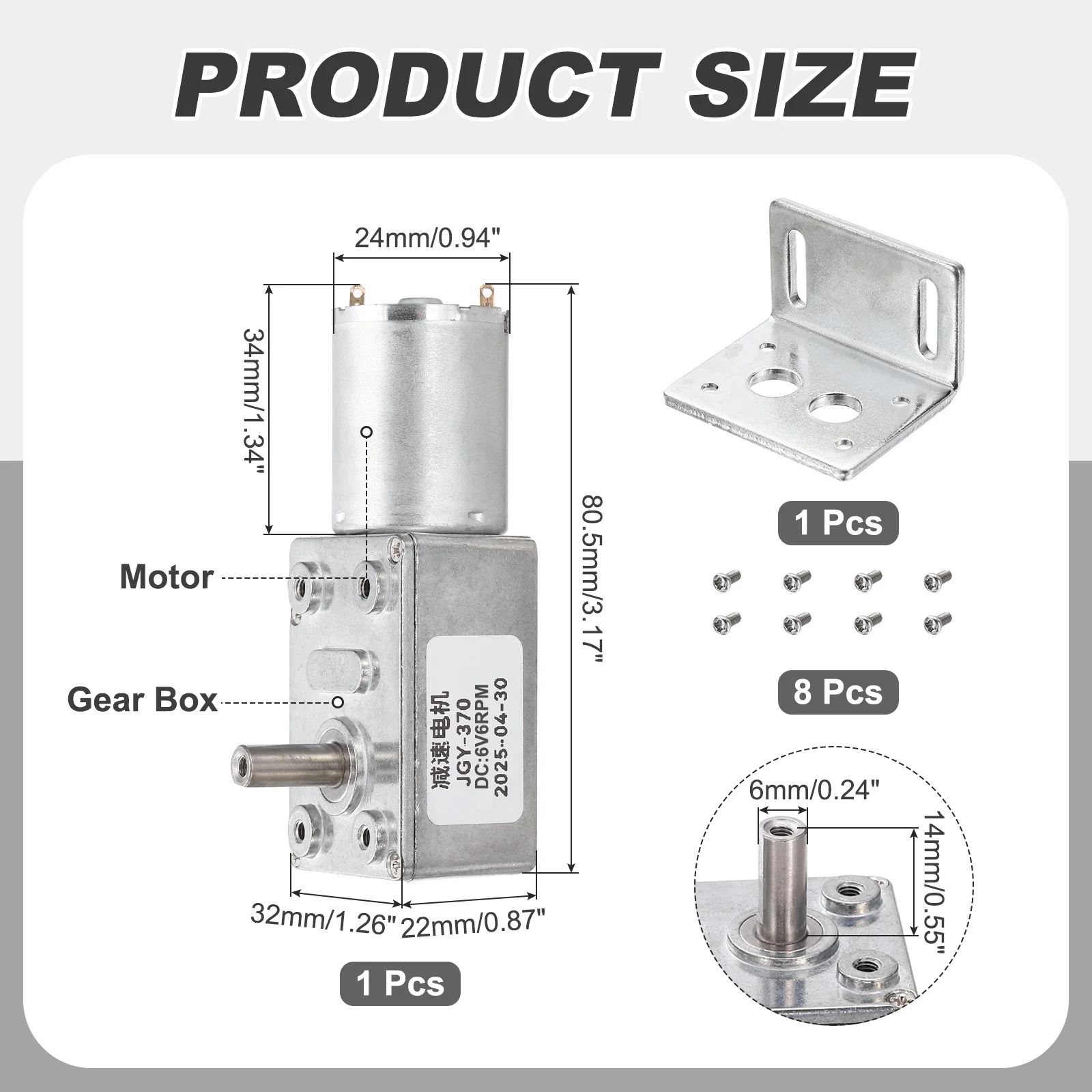 DC6V Worm Gear Motor, 6RPM 14mm D Shaft Speed Reduction with Bracket&Screws - Image 2