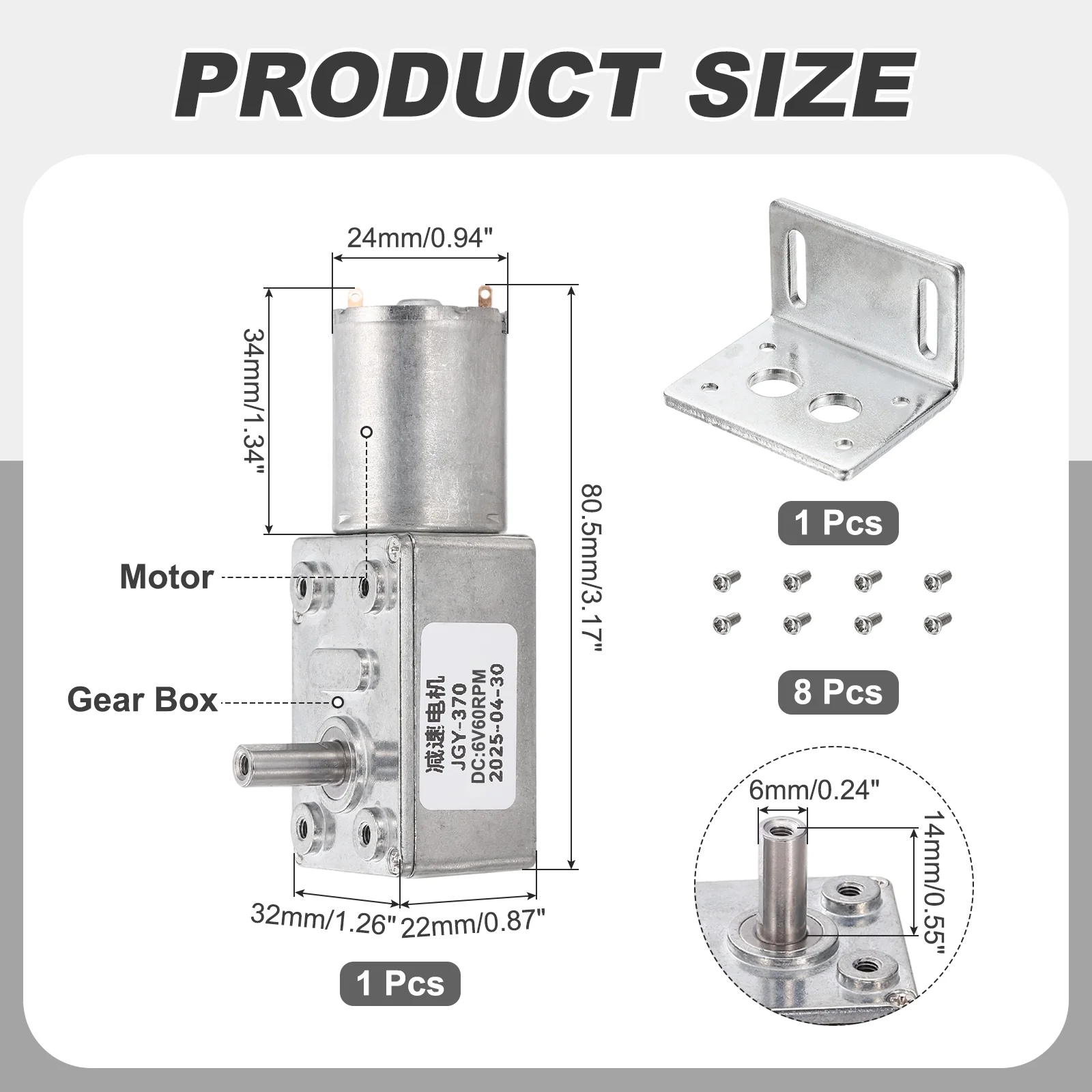 DC6V Worm Gear Motor, 60RPM 14mm D Shaft Speed Reduction with Bracket&Screws - Image 2