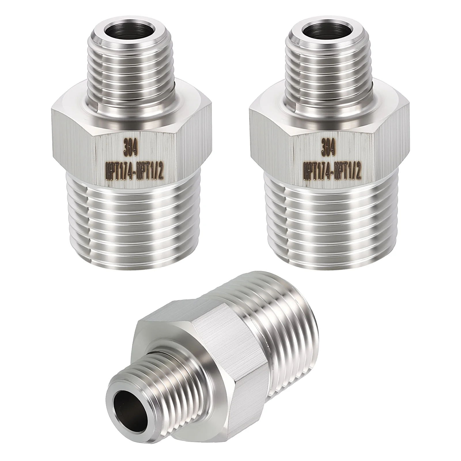 3 Pack 304 Stainless Steel Pipe Fittings, 1/2" Male NPT to 1/4" Male NPT Reducer